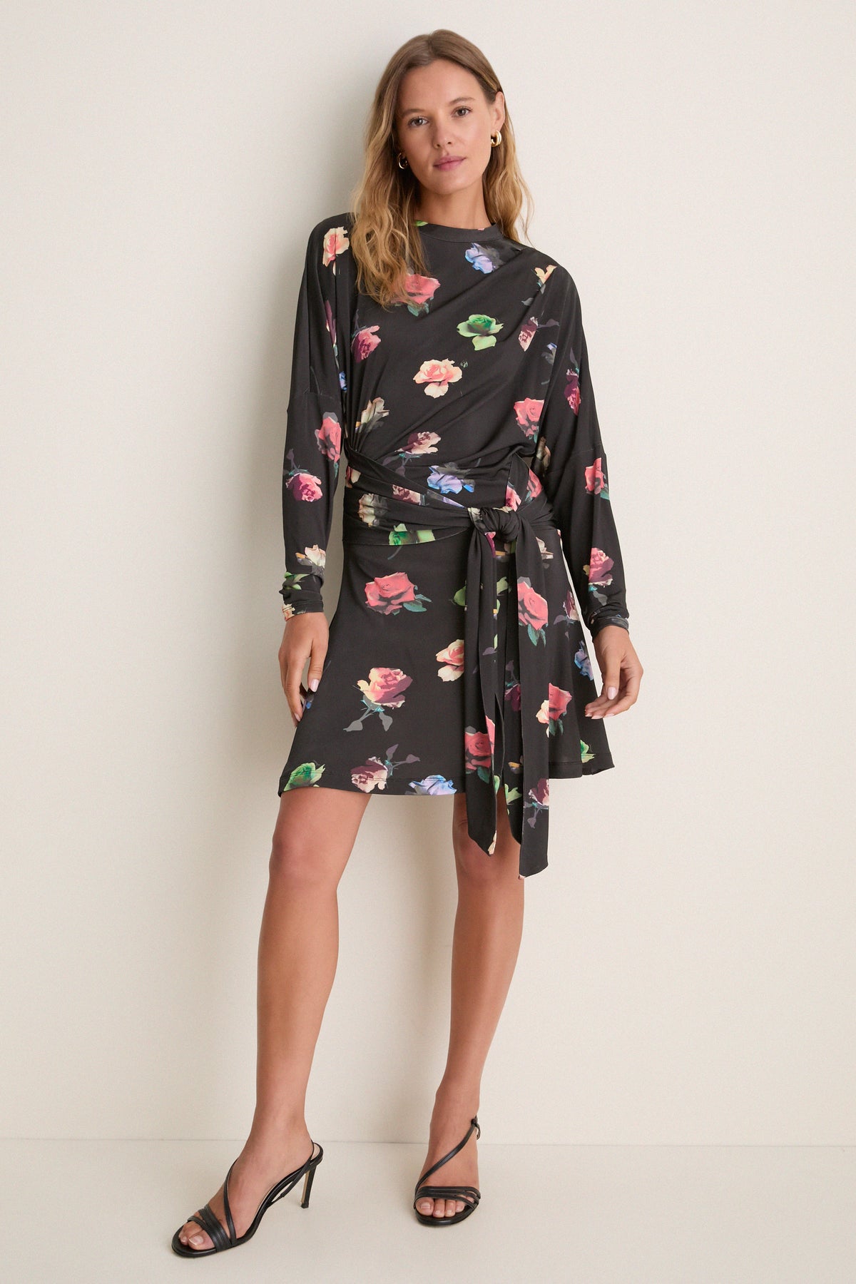 Black Sand Printed Shiny Jersey Draped Mini Dress