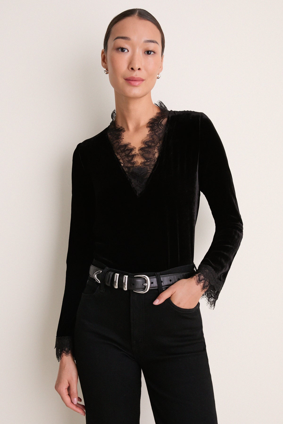 Black Viscose Silk Velvet Long Sleeve Blouse