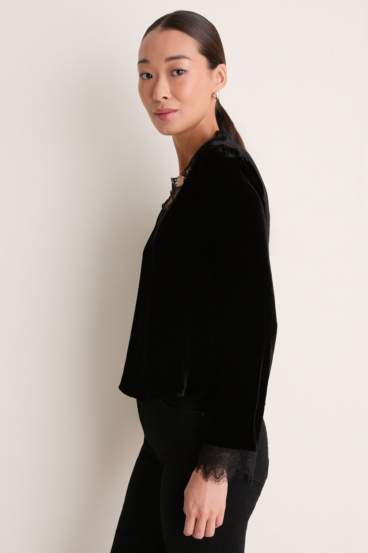 Black Viscose Silk Velvet Long Sleeve Blouse
