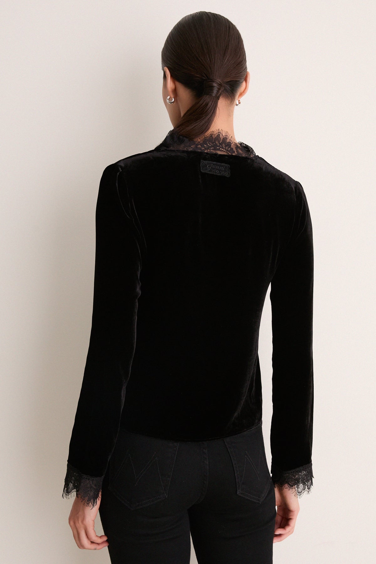 Black Viscose Silk Velvet Long Sleeve Blouse