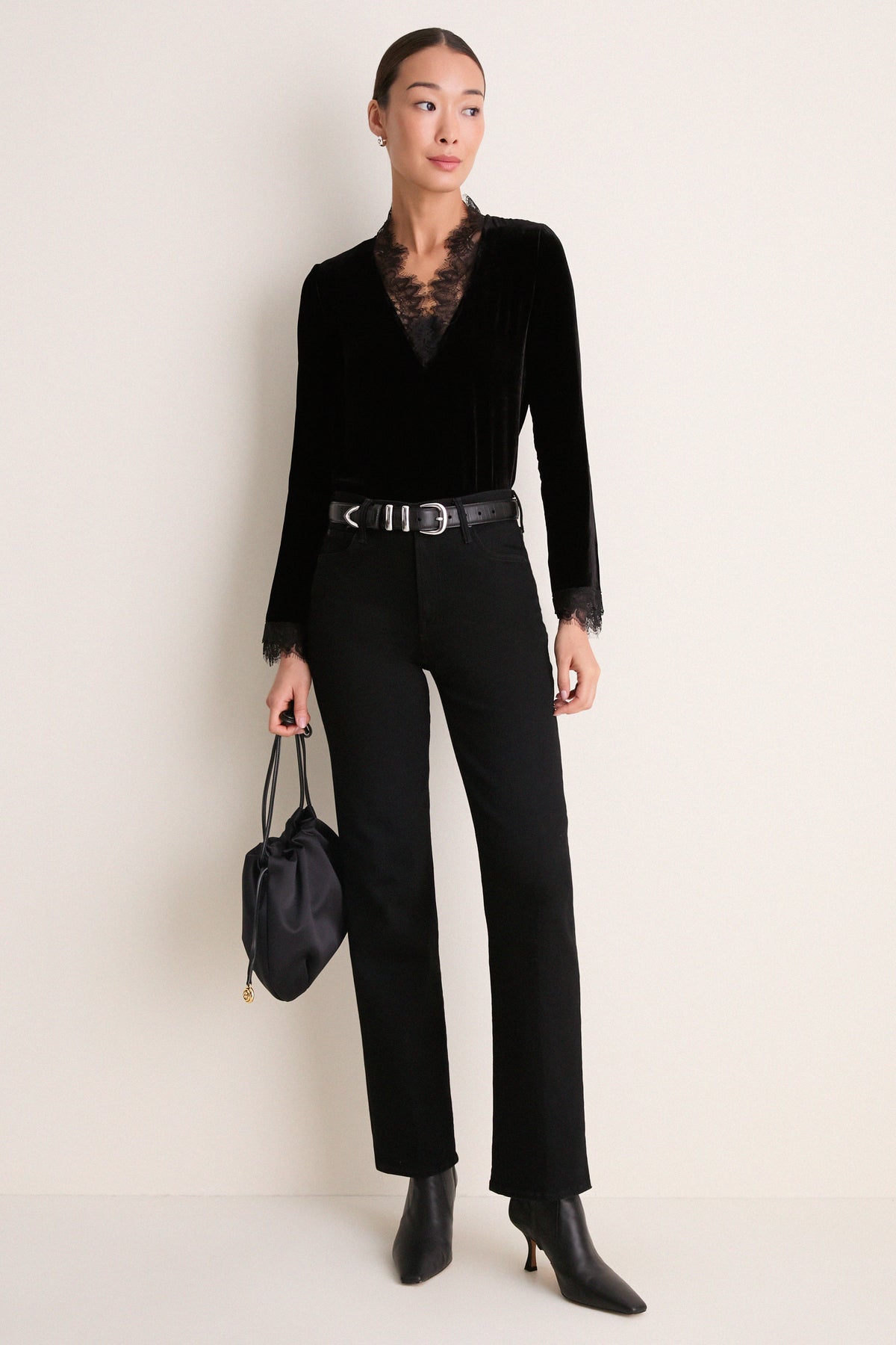 Black Viscose Silk Velvet Long Sleeve Blouse