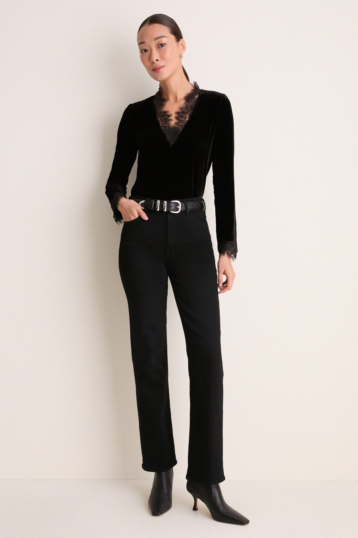 Black Viscose Silk Velvet Long Sleeve Blouse