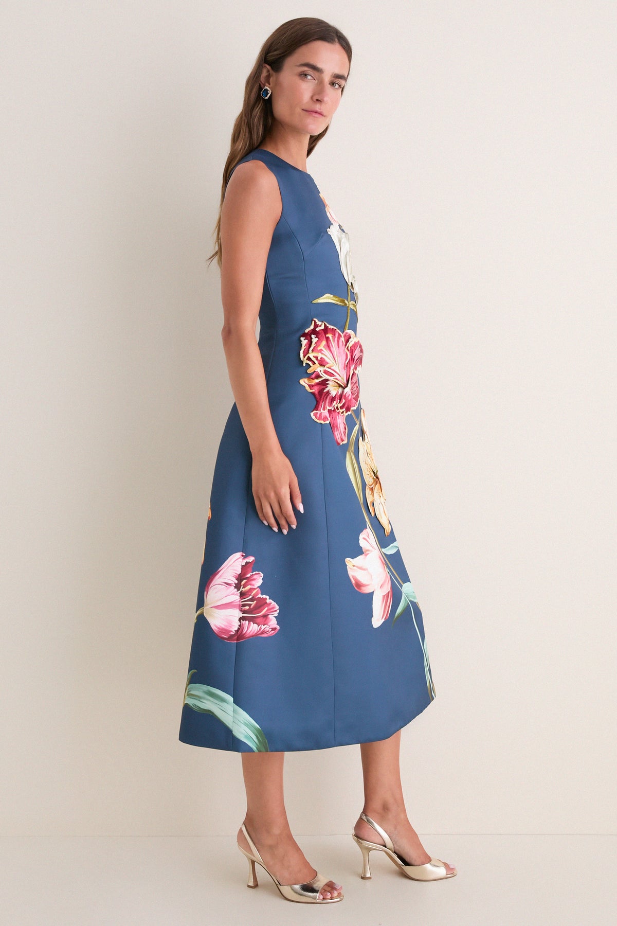 Indigo Lily Print Cleo Embroidered Midi Dress