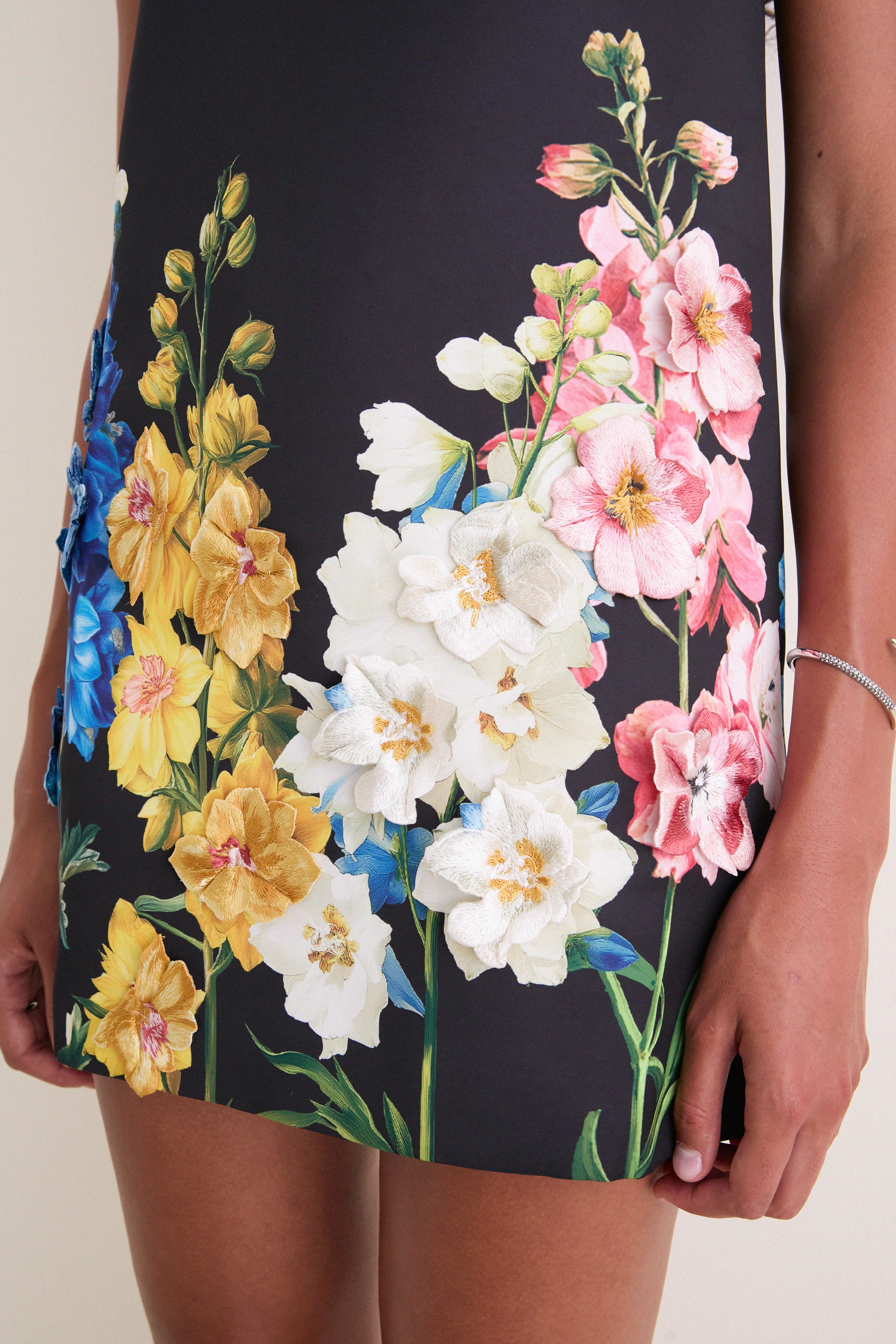 Ebony Snapdragon Print Yvonne Embroidered Mini Dress