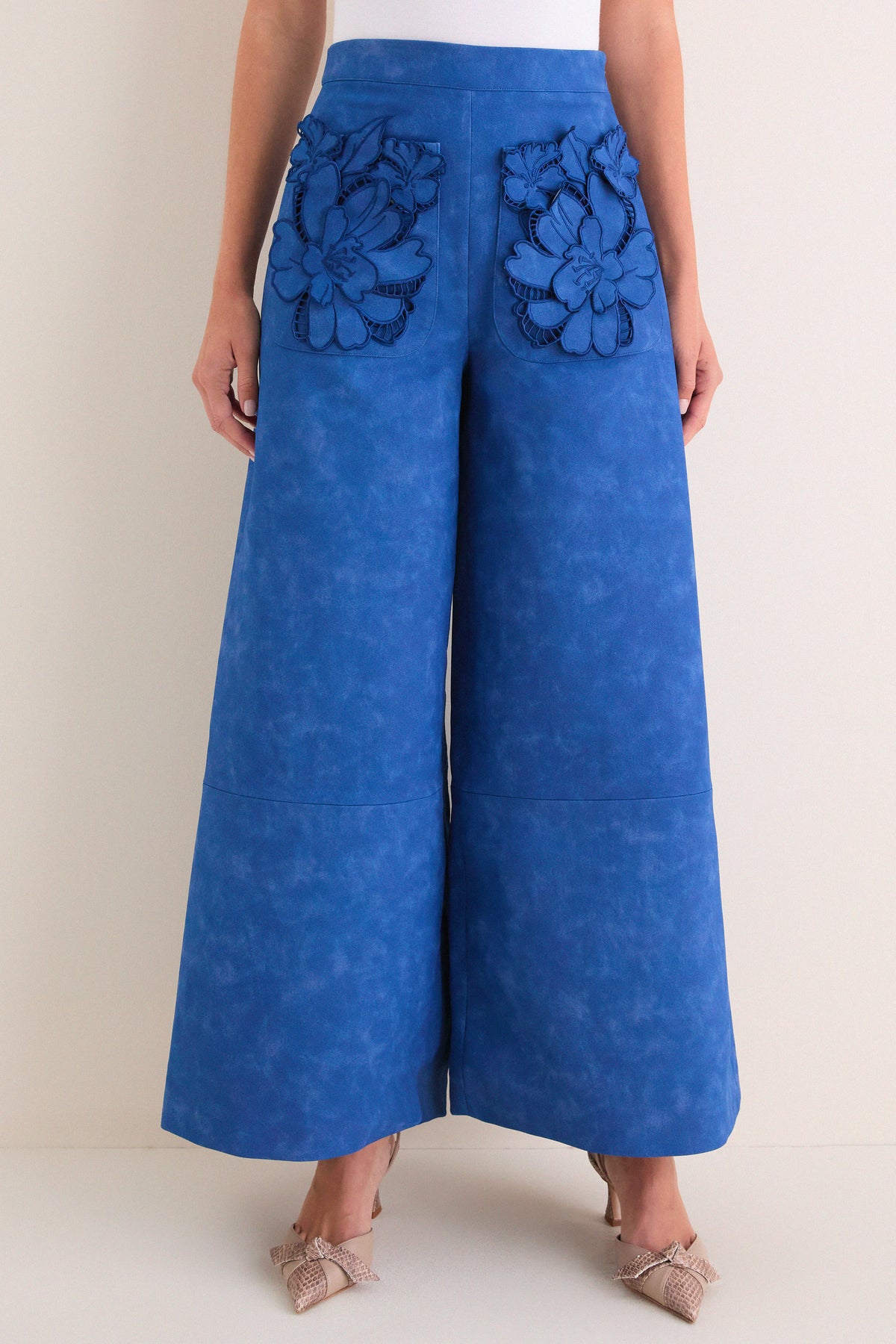 Azure Vegan Suede Applique Christina Pants