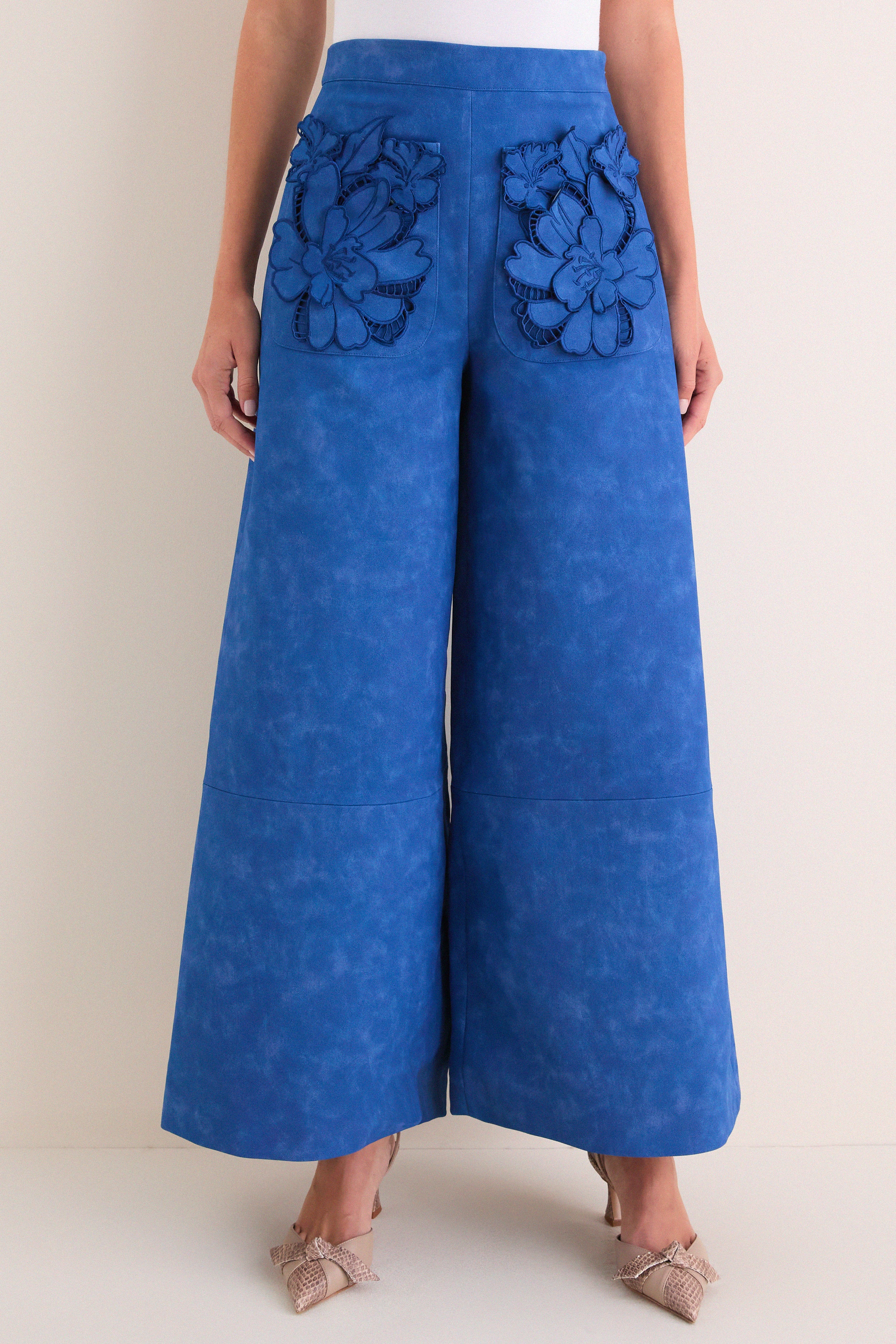 Azure Vegan Suede Applique Christina Pants