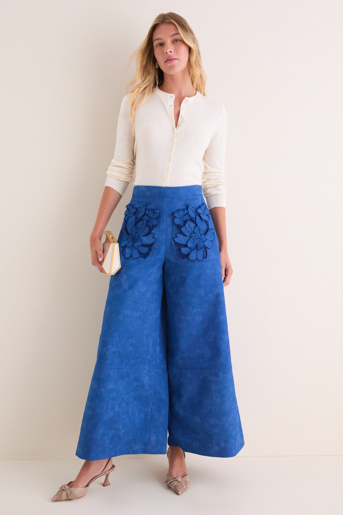 Azure Vegan Suede Applique Christina Pants