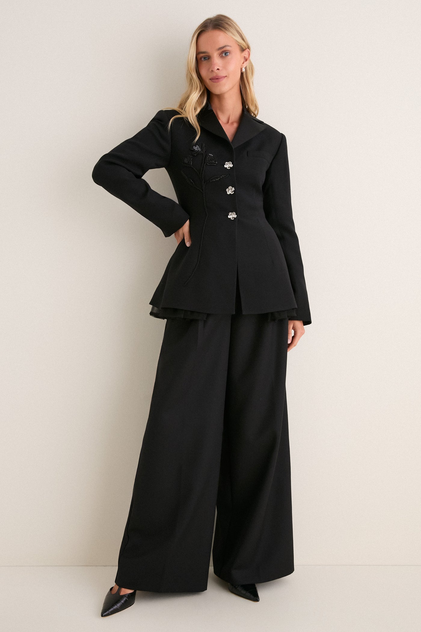 Noir Evelyn Jacket With Embroidered Tulip