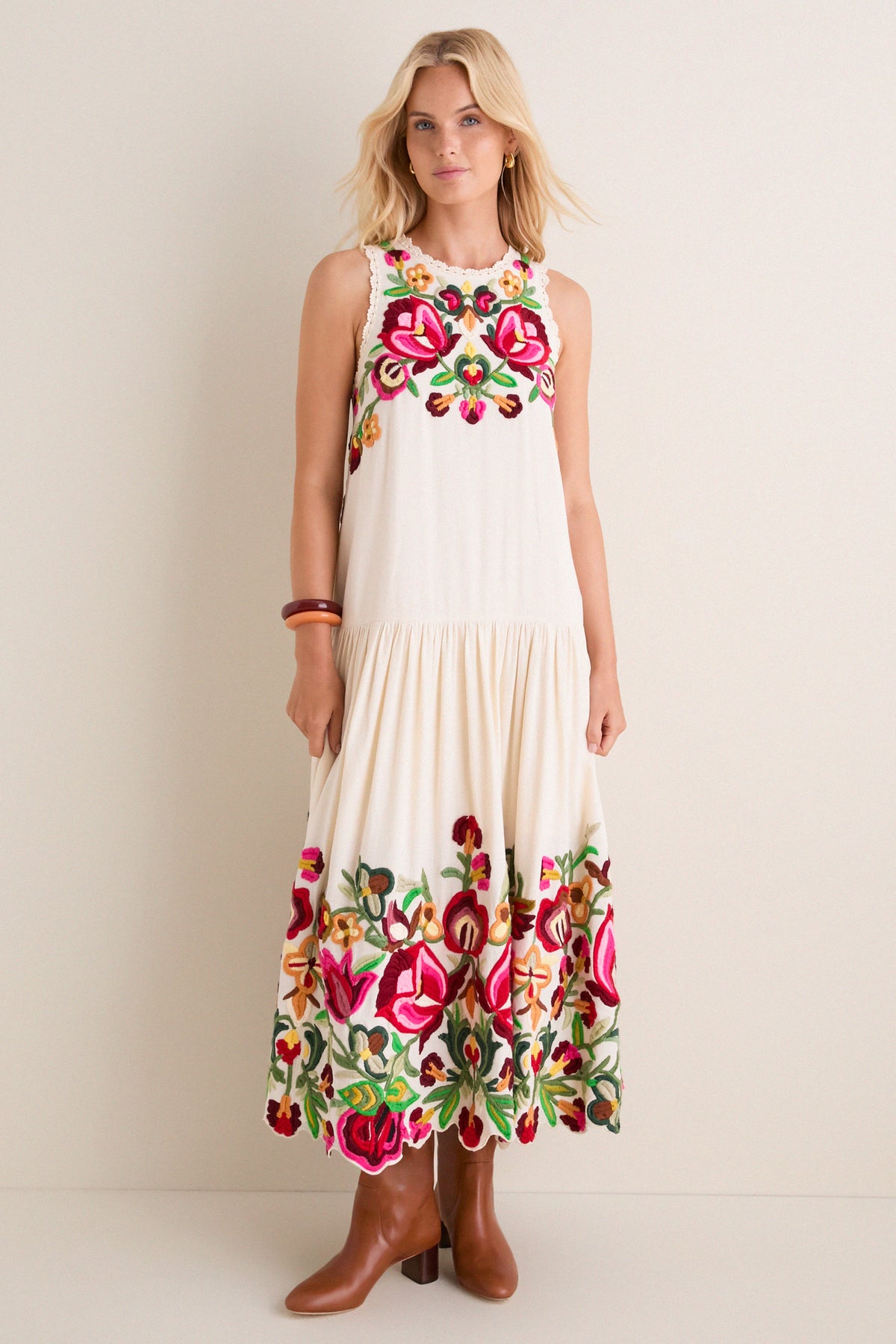 Cream Wilhelmina Embroidery Sleeveless Midi Dress