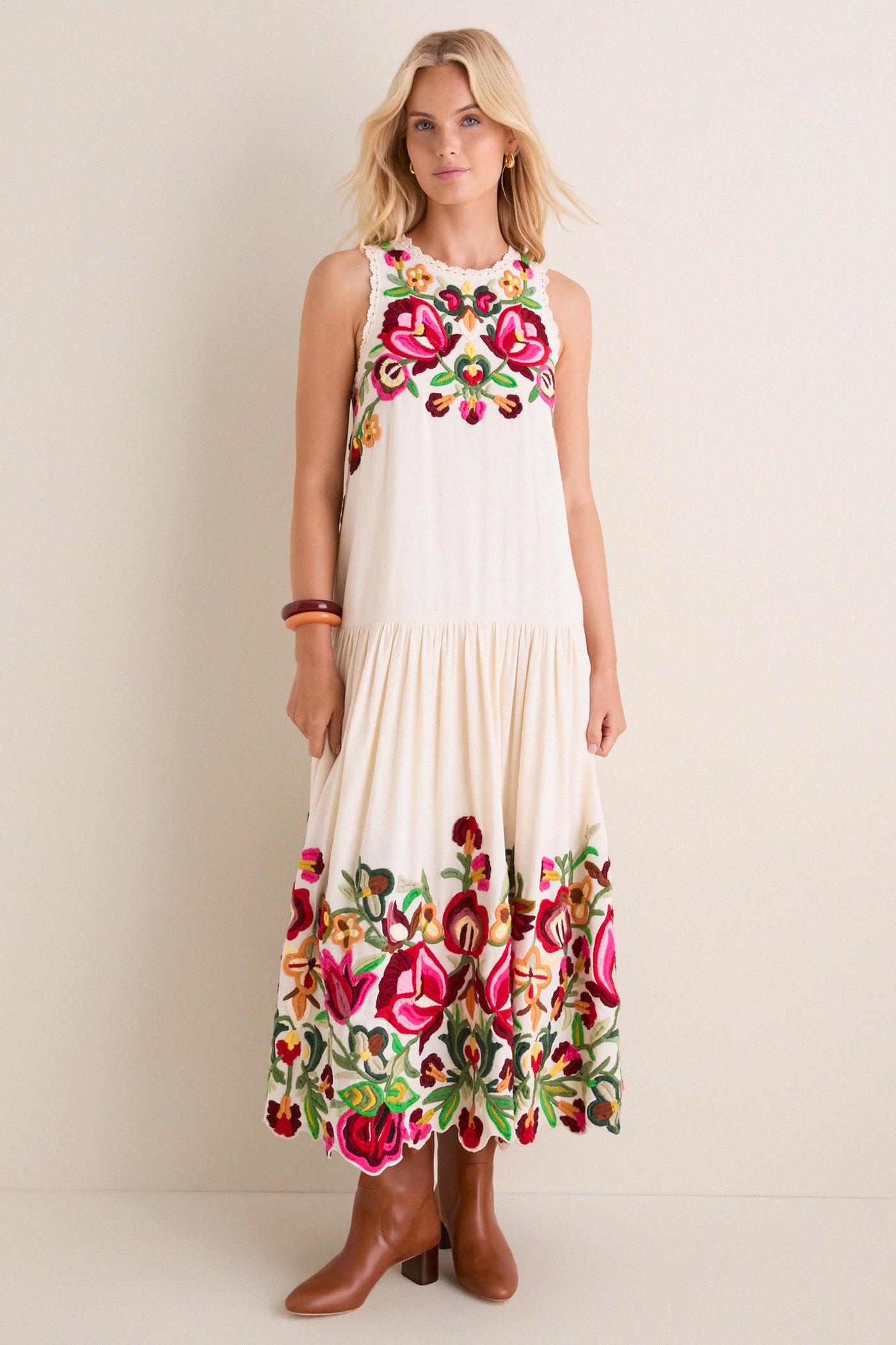 Cream Wilhelmina Embroidery Sleeveless Midi Dress