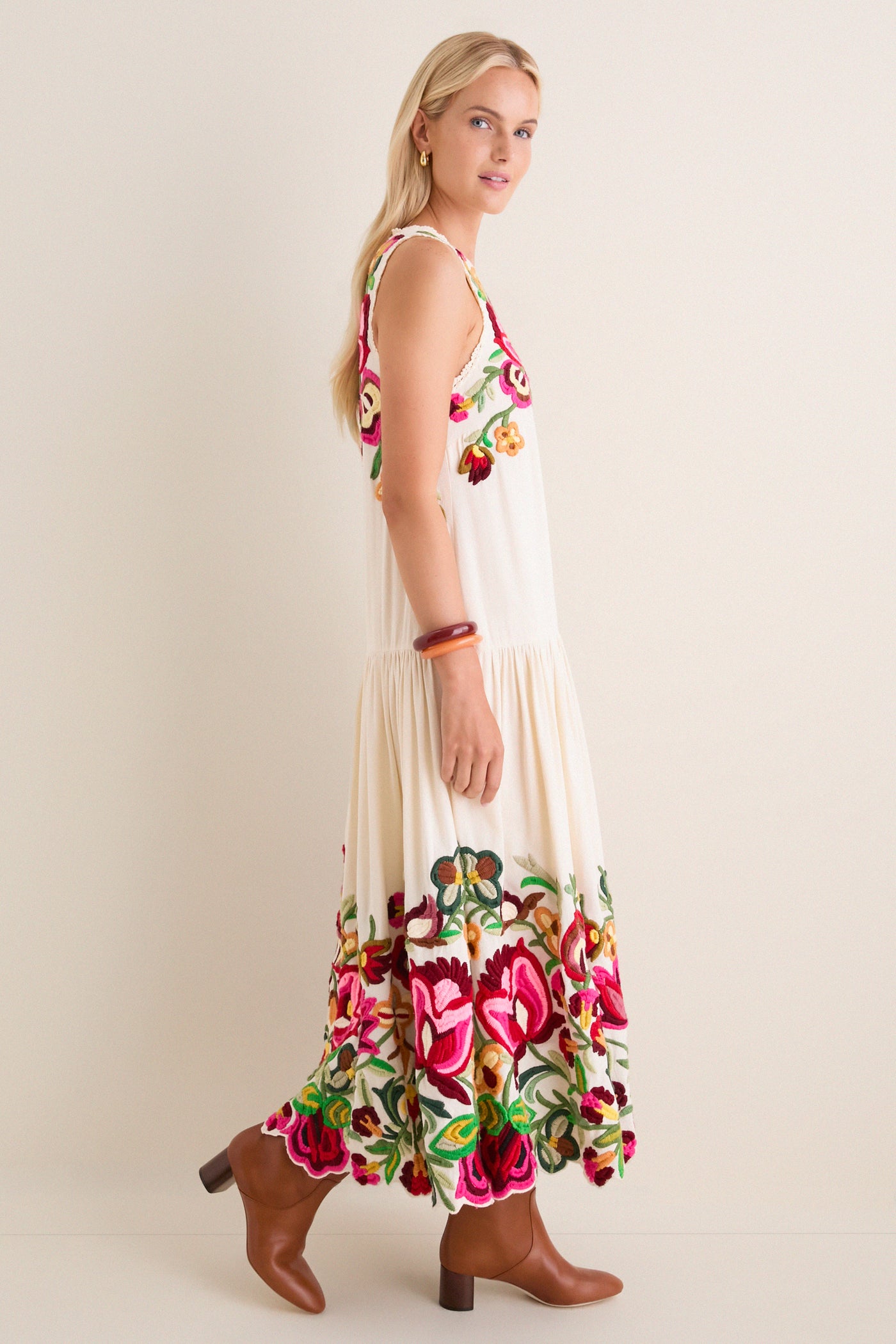 Cream Wilhelmina Embroidery Sleeveless Midi Dress