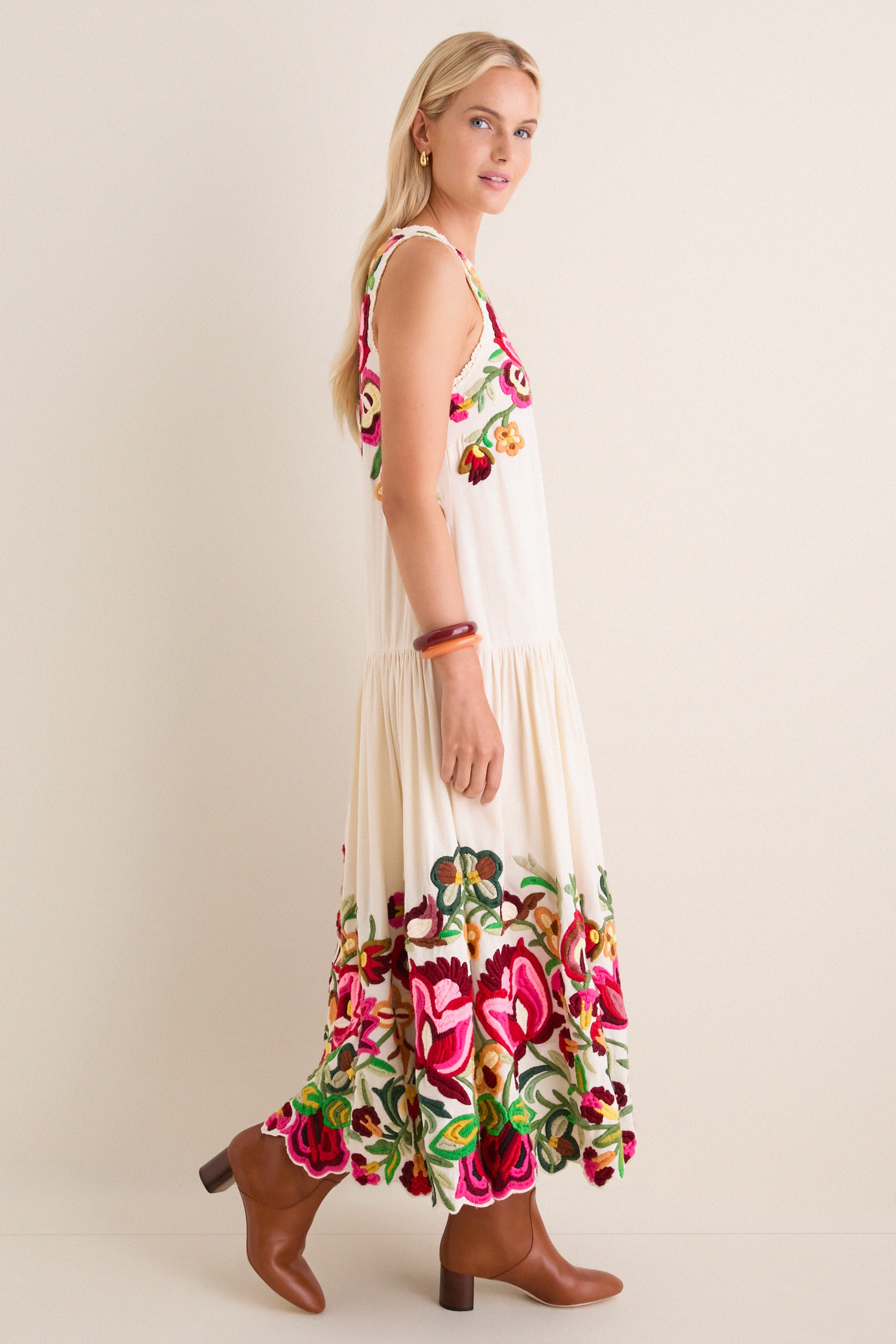 Cream Wilhelmina Embroidery Sleeveless Midi Dress