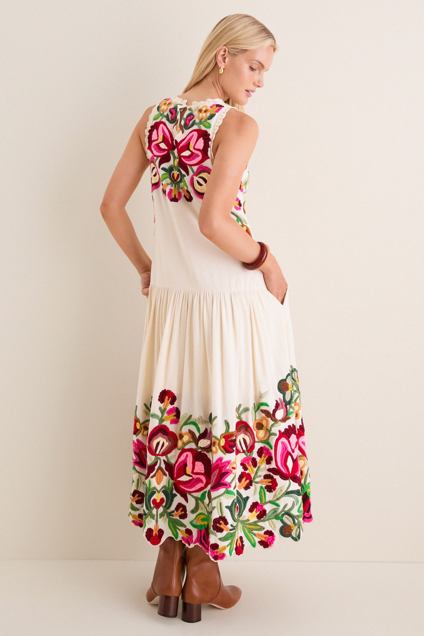 Cream Wilhelmina Embroidery Sleeveless Midi Dress