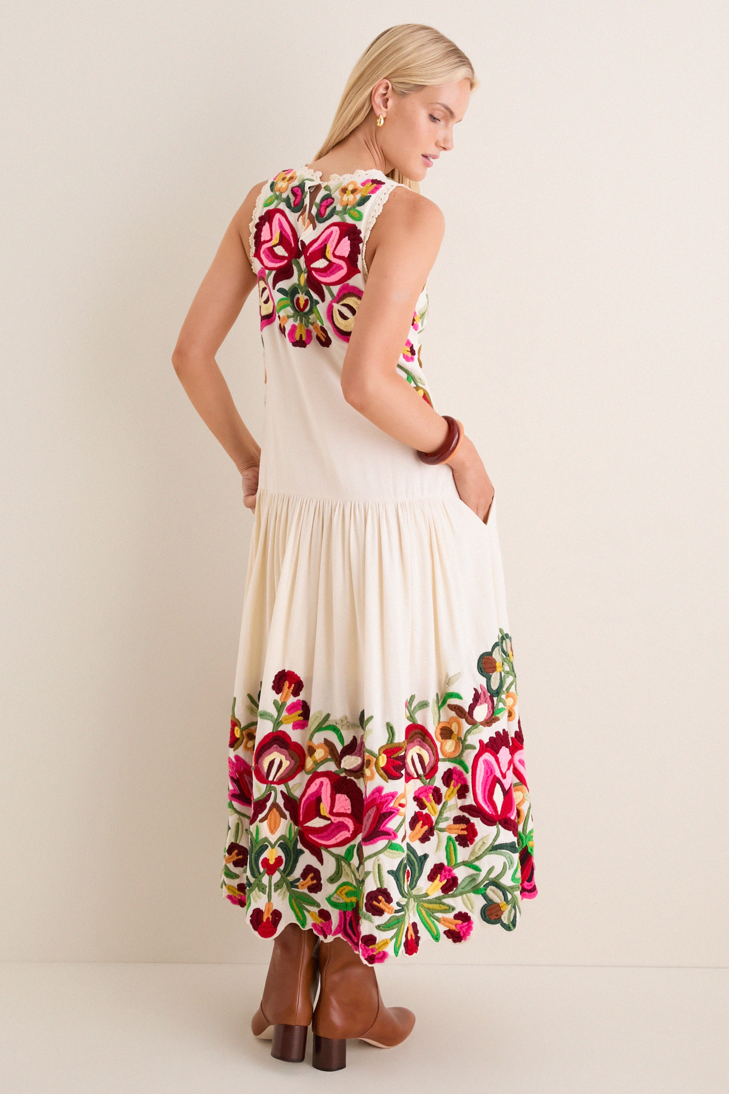 Cream Wilhelmina Embroidery Sleeveless Midi Dress