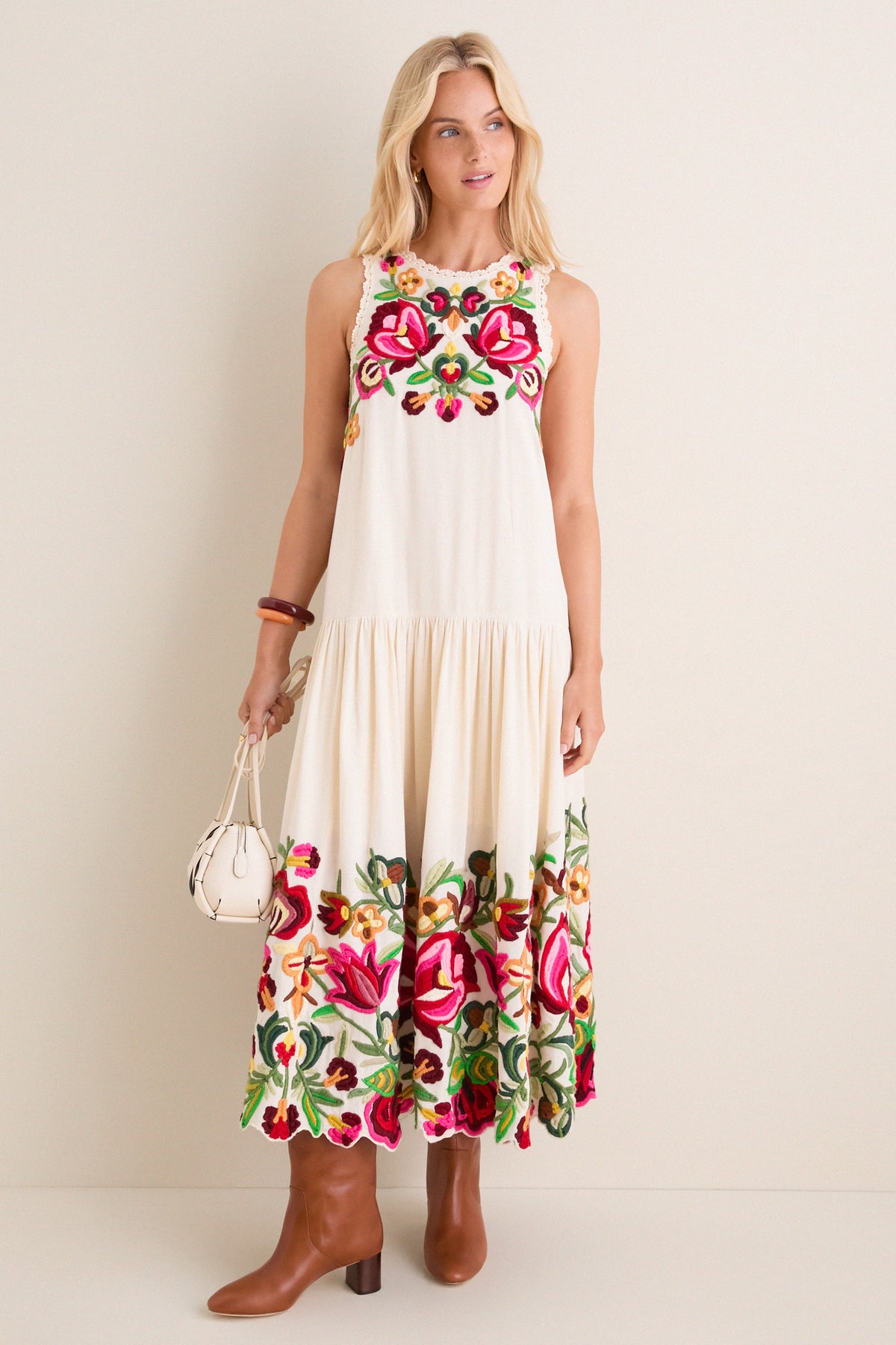Cream Wilhelmina Embroidery Sleeveless Midi Dress
