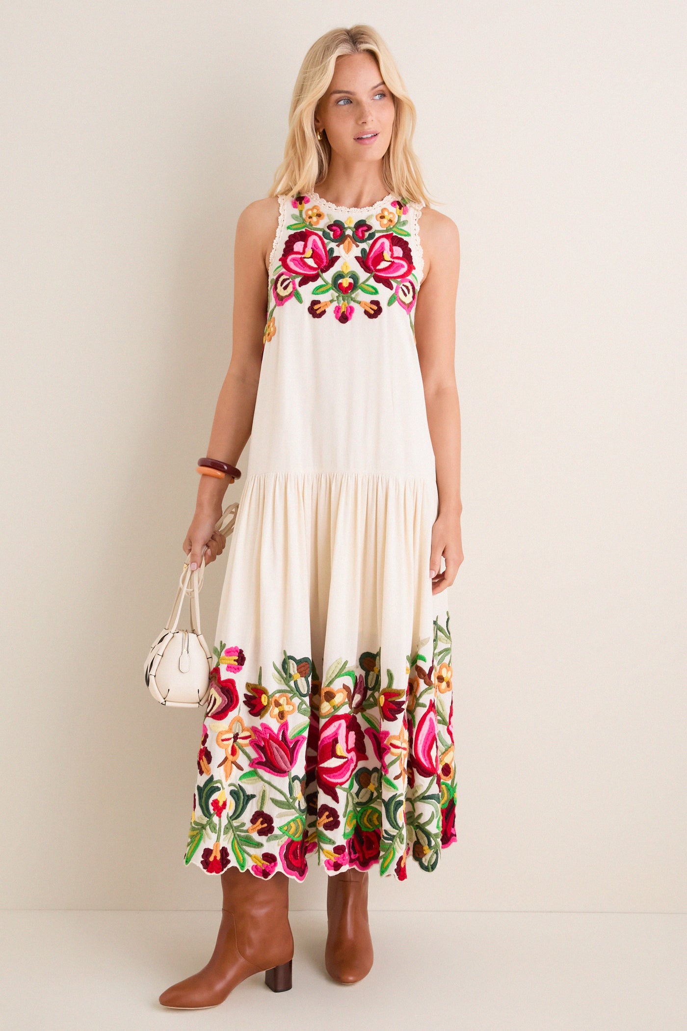 Cream Wilhelmina Embroidery Sleeveless Midi Dress