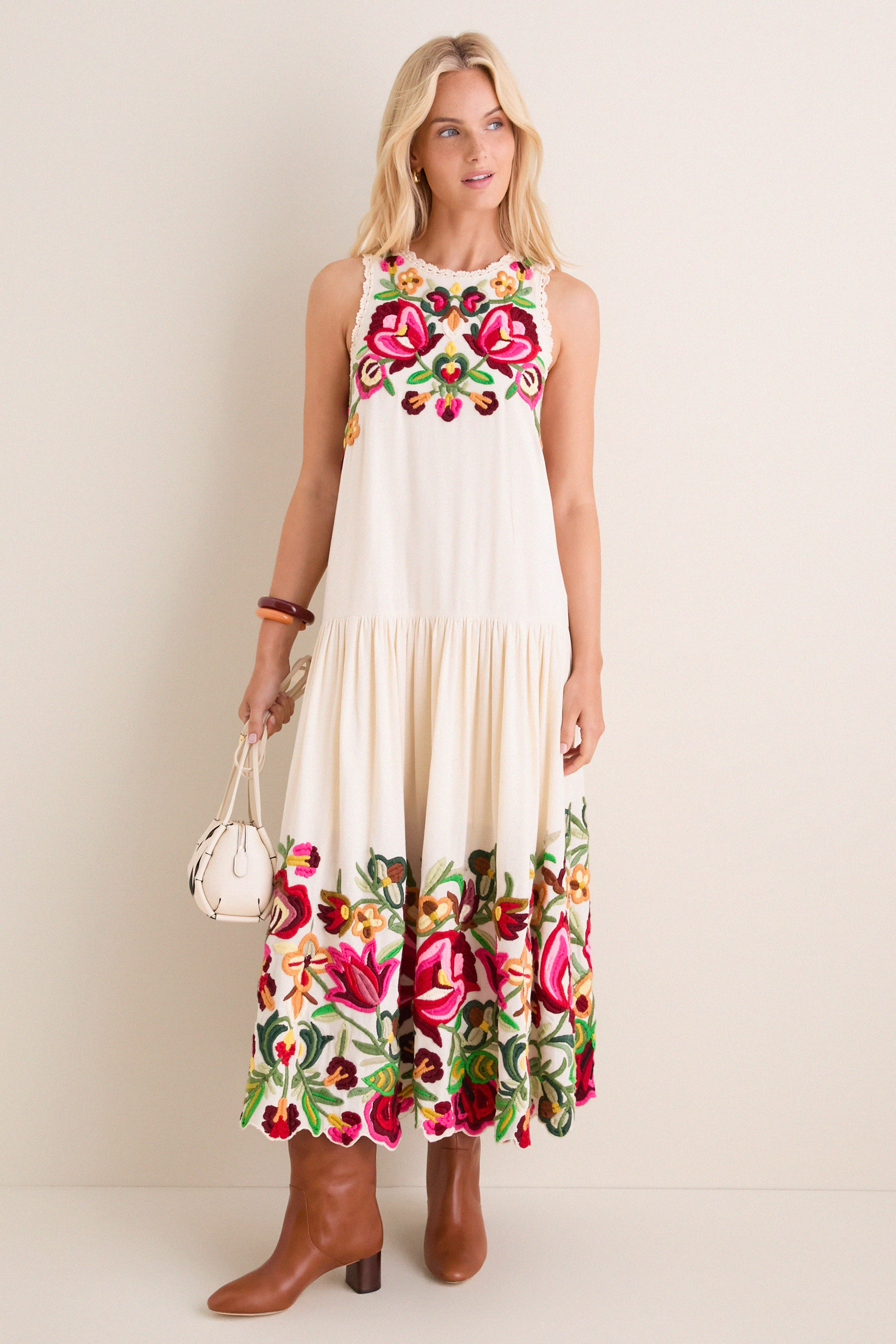 Cream Wilhelmina Embroidery Sleeveless Midi Dress