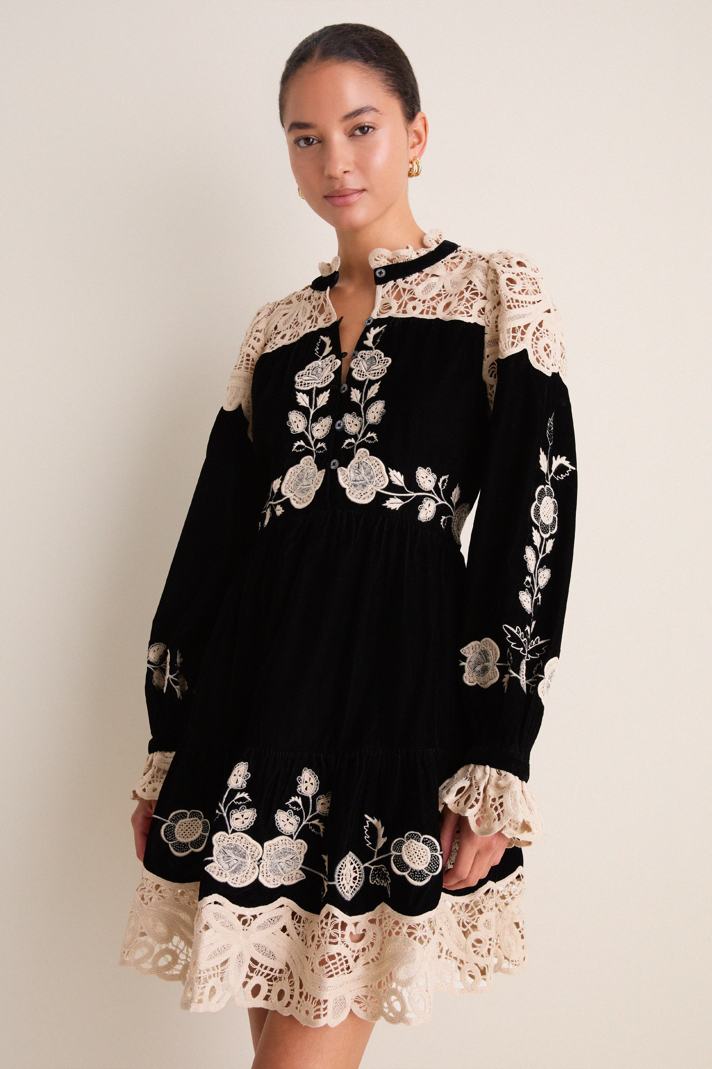 Black Shiloh Embroidery Long Sleeve Mini Dress
