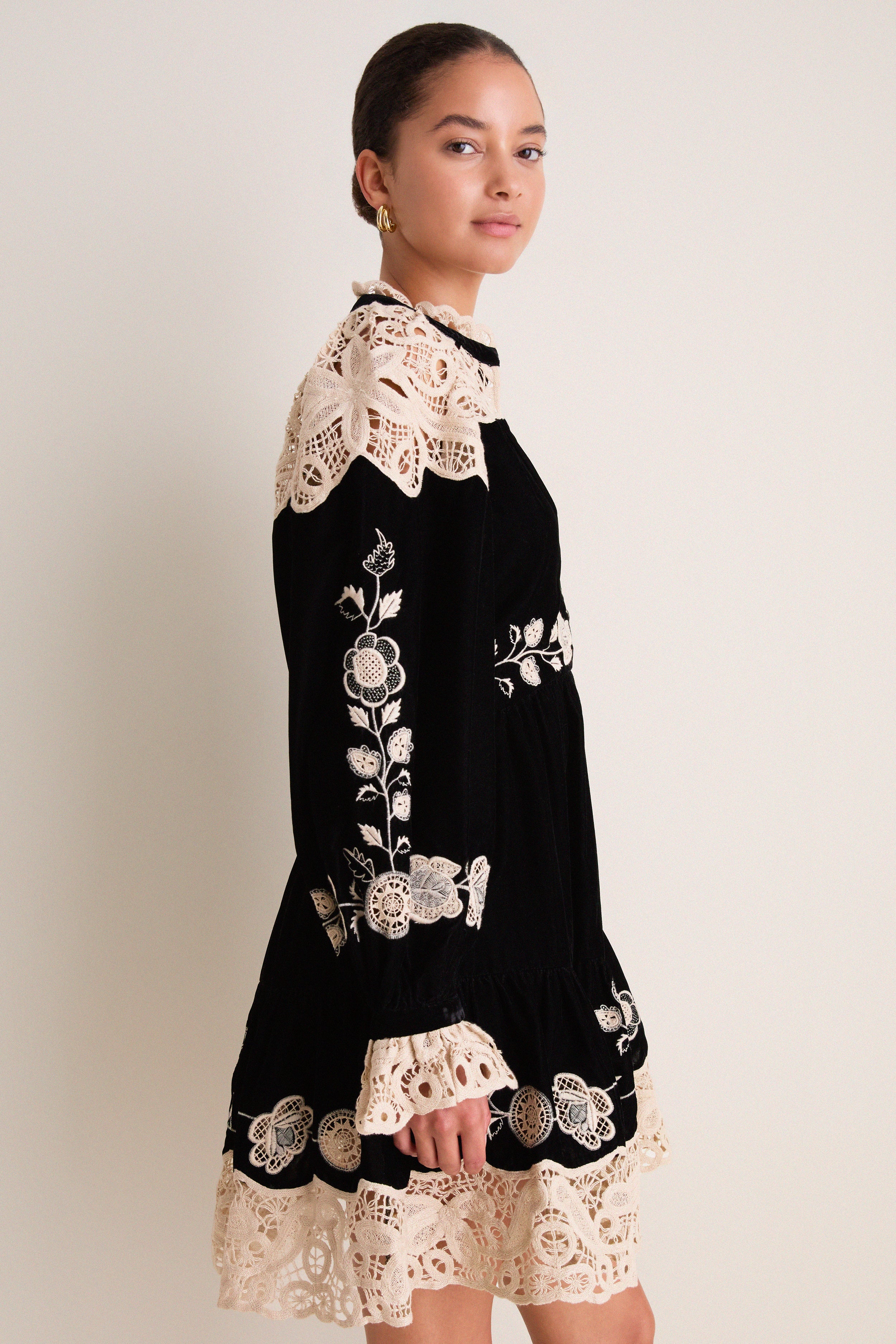 Black Shiloh Embroidery Long Sleeve Mini Dress