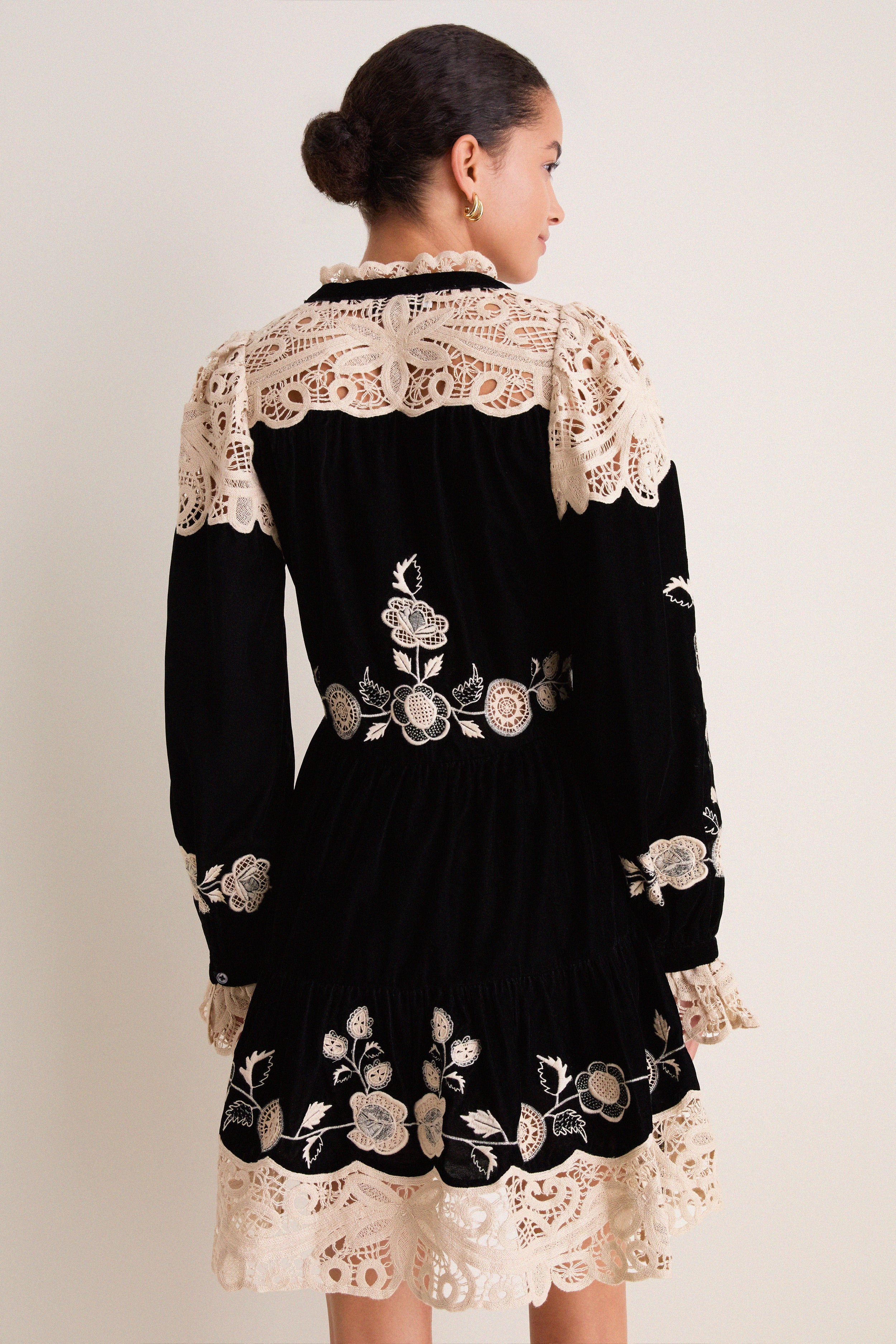 Black Shiloh Embroidery Long Sleeve Mini Dress