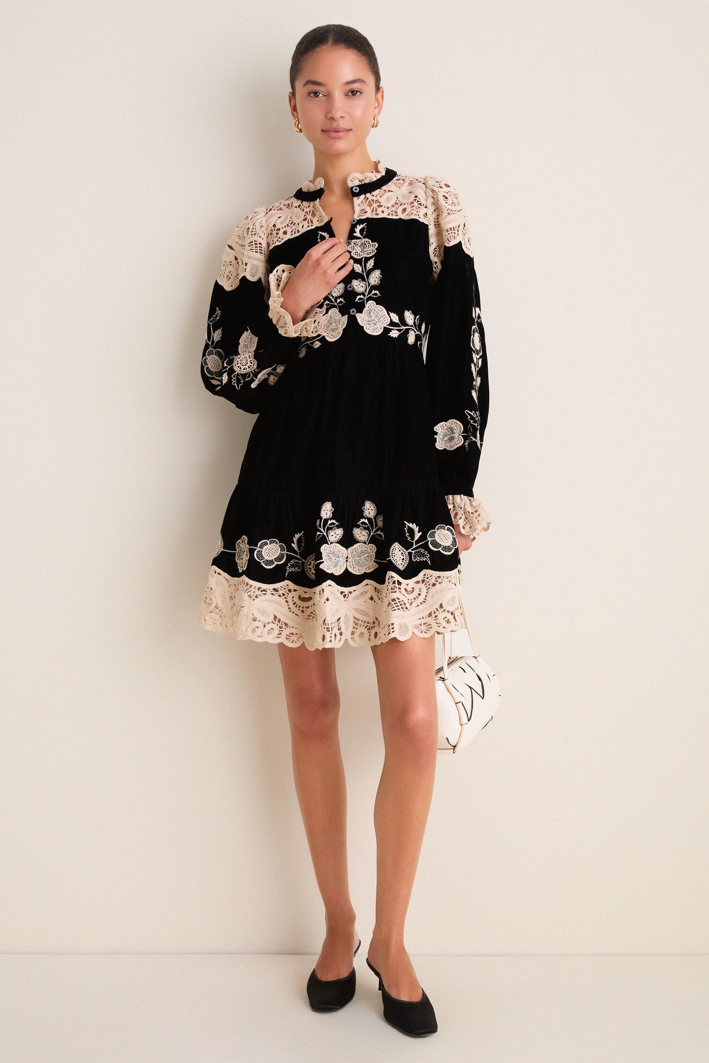 Black Shiloh Embroidery Long Sleeve Mini Dress