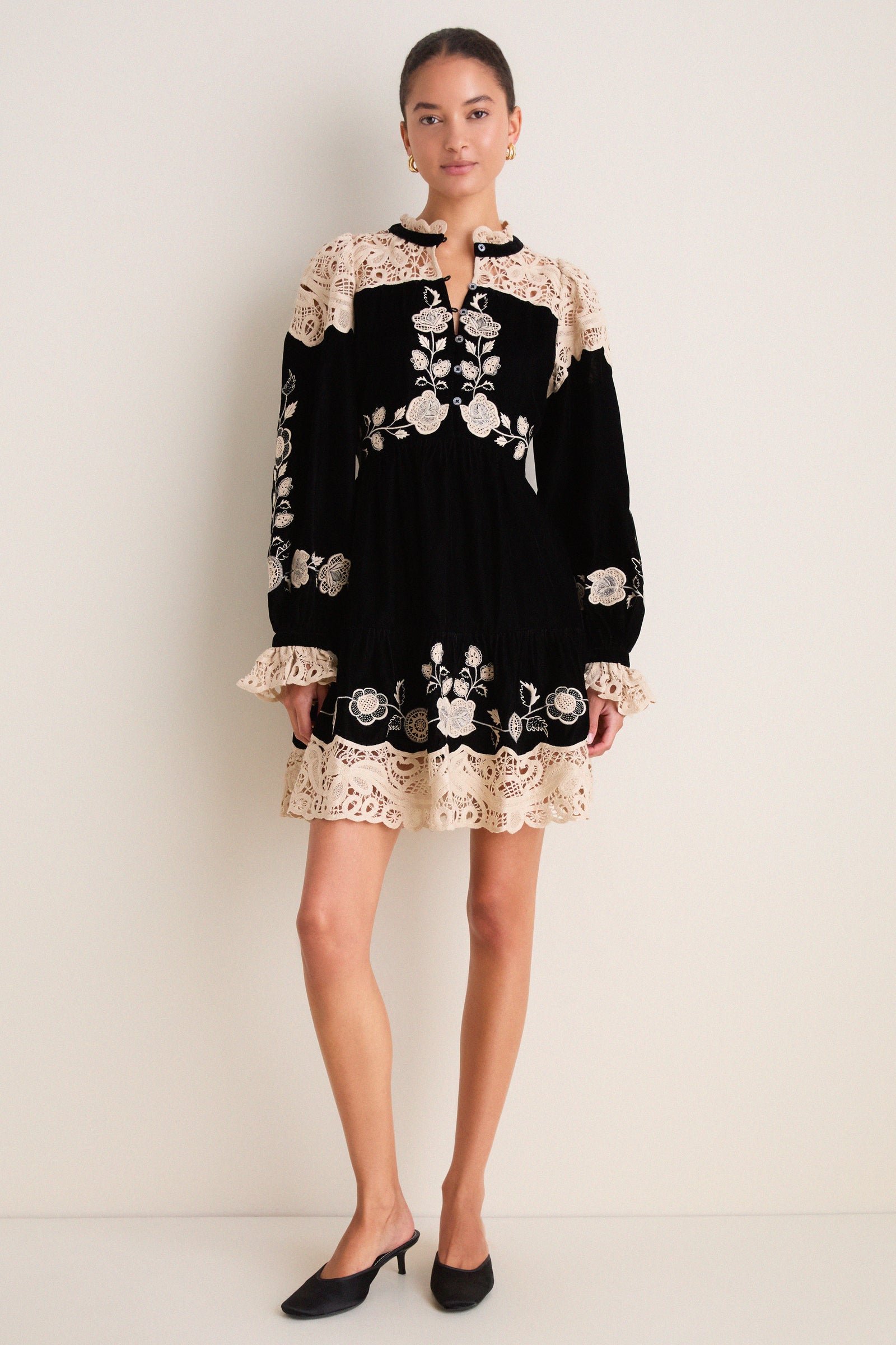 Black Shiloh Embroidery Long Sleeve Mini Dress