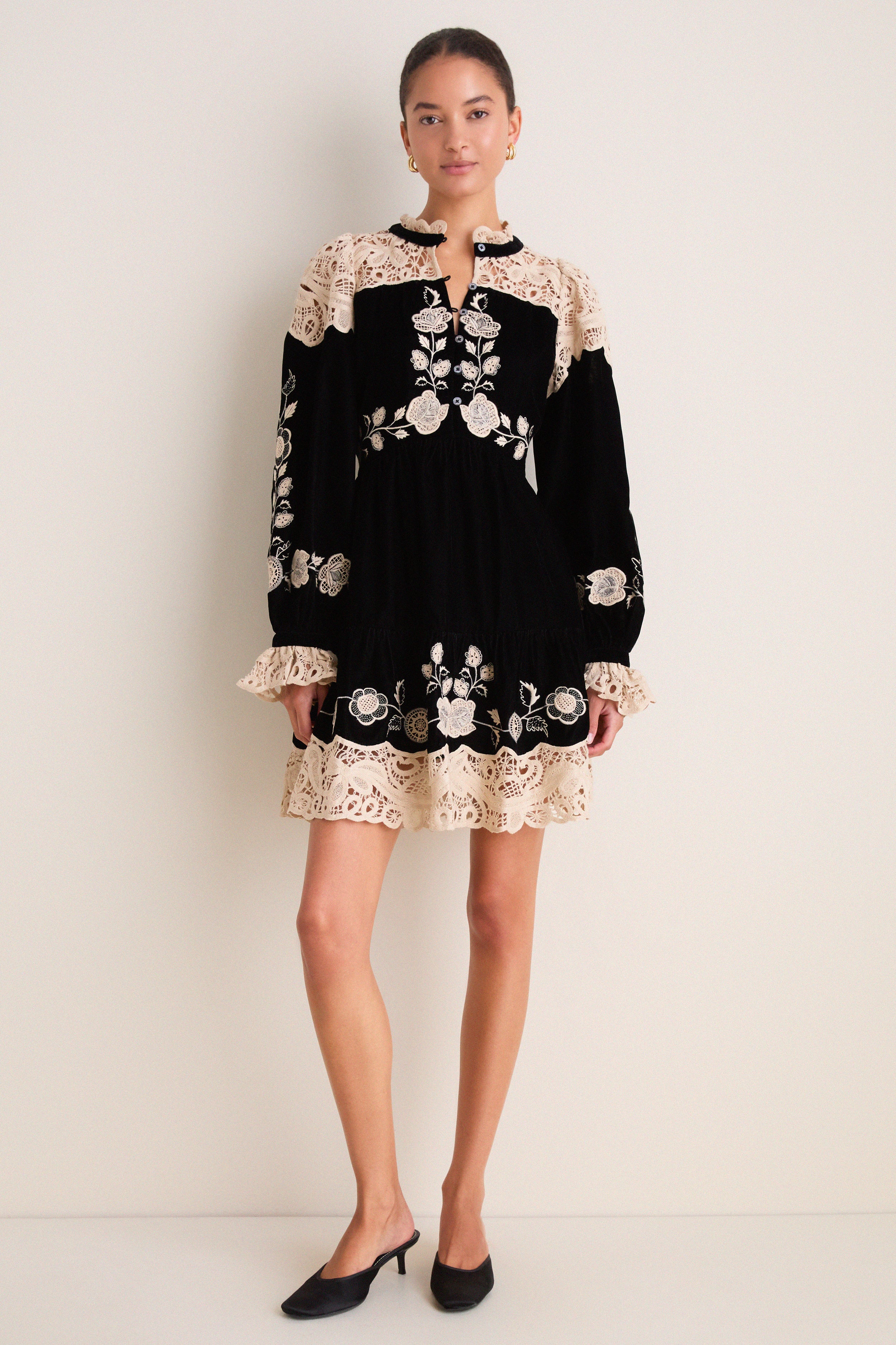 Black Shiloh Embroidery Long Sleeve Mini Dress