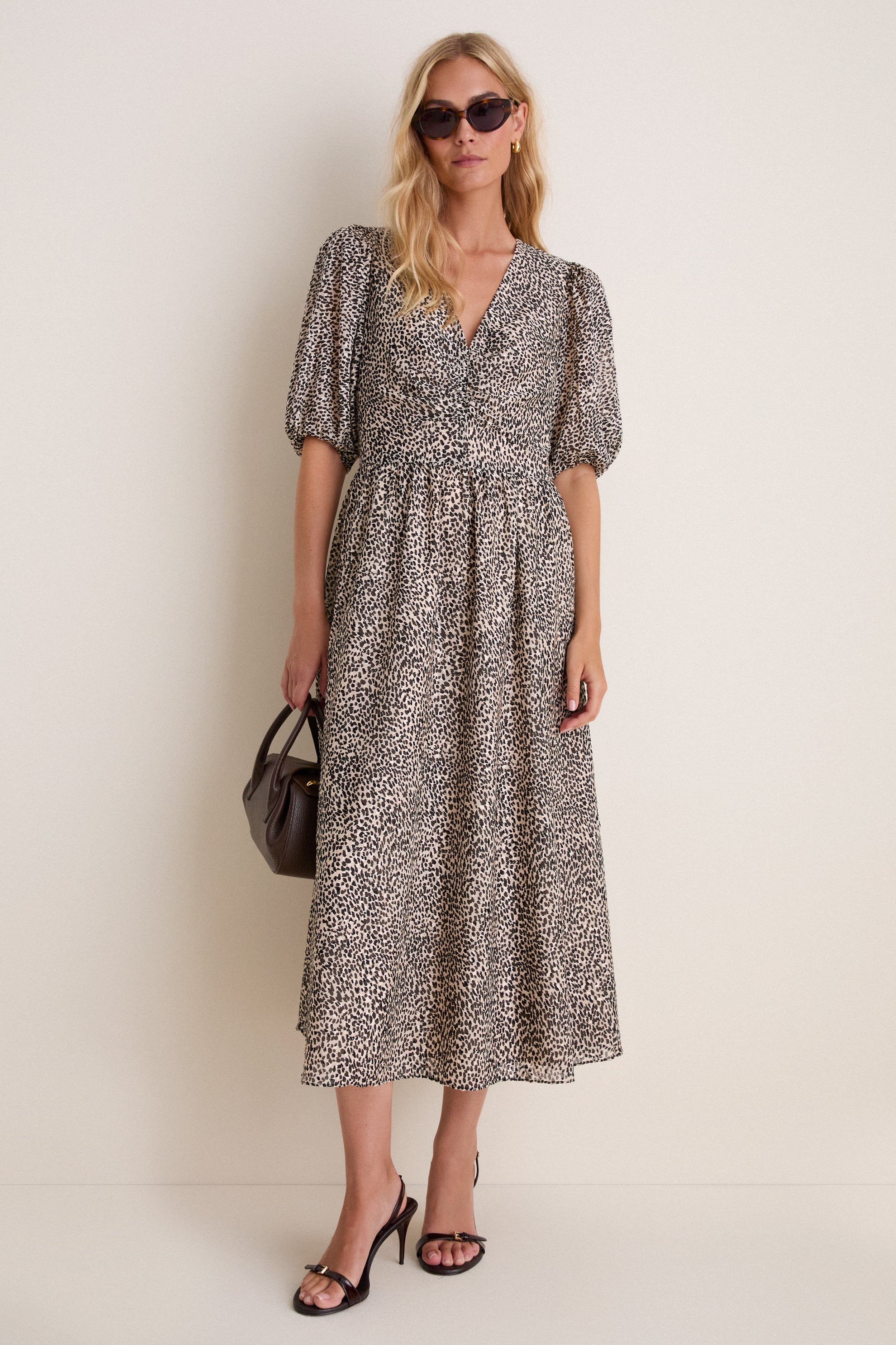 Cream Charlize Print Ruched Short Sleeve Dress