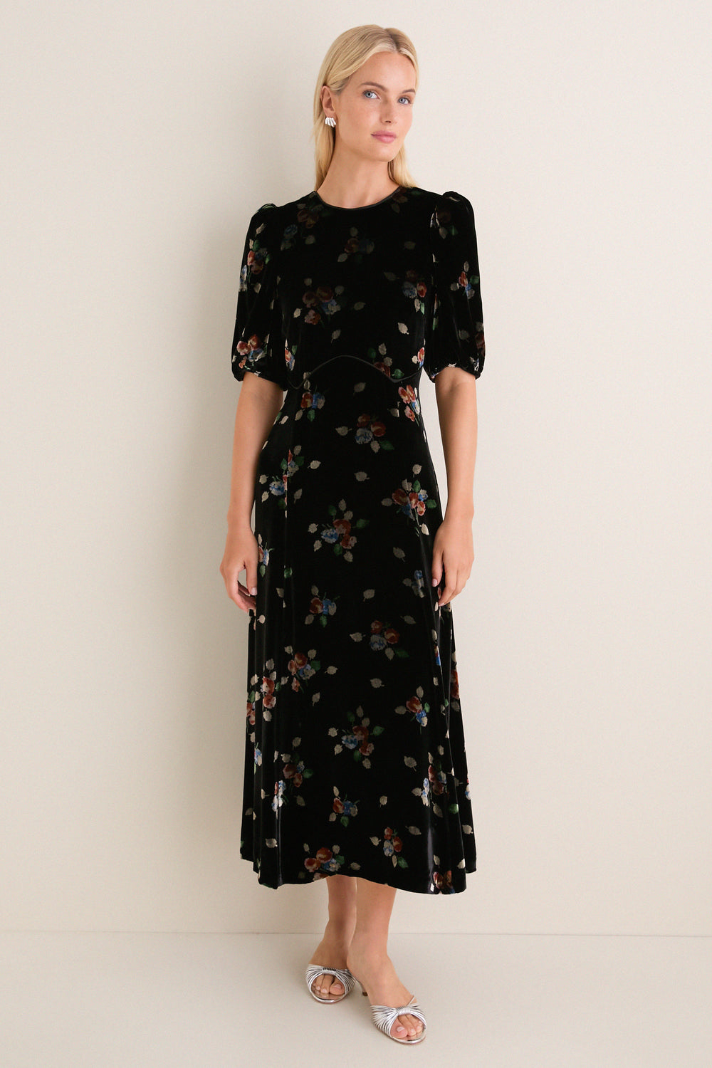 Black Leda Velvet Puff Sleeve Midi Dress