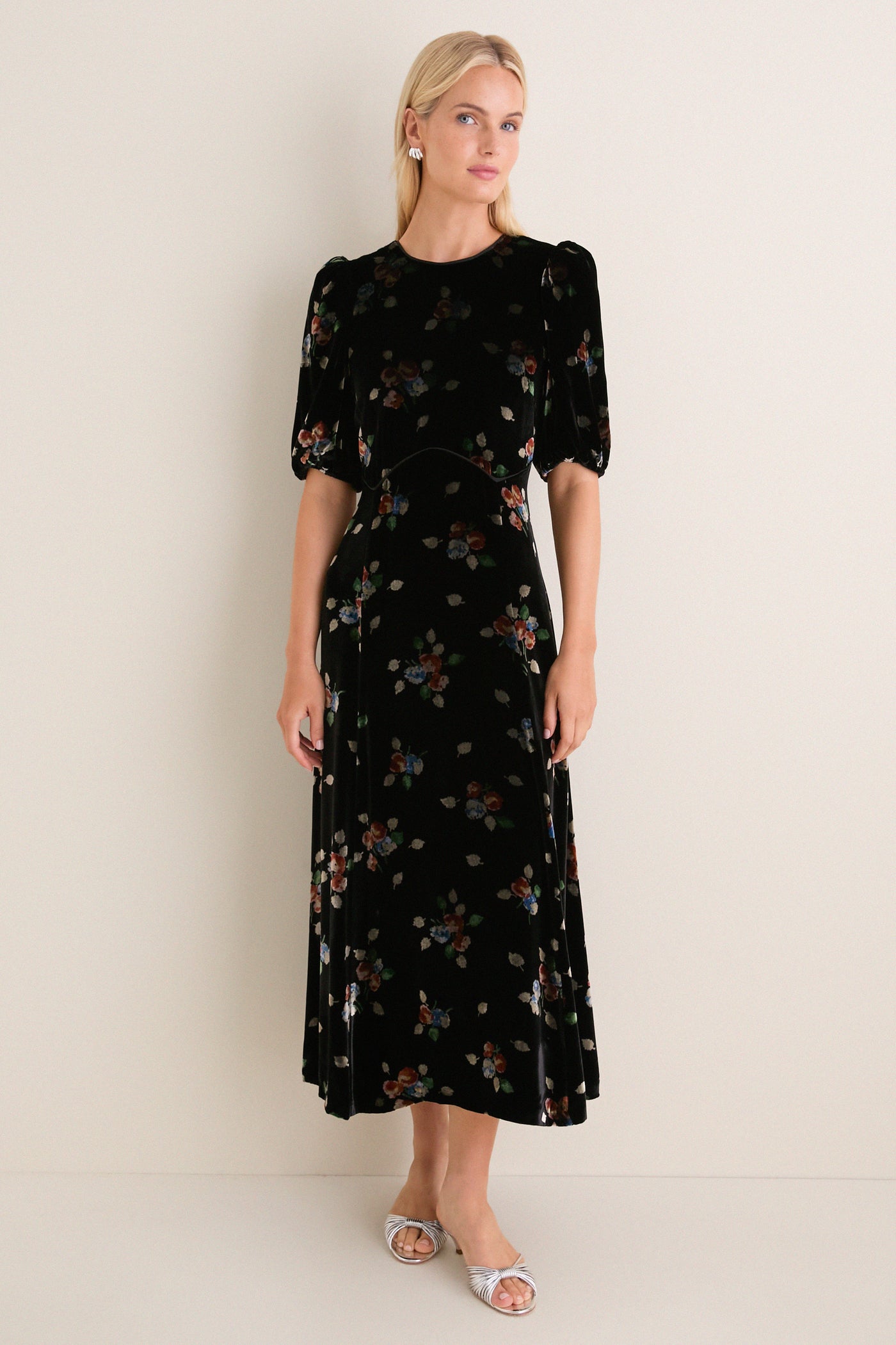 Black Leda Velvet Puff Sleeve Midi Dress