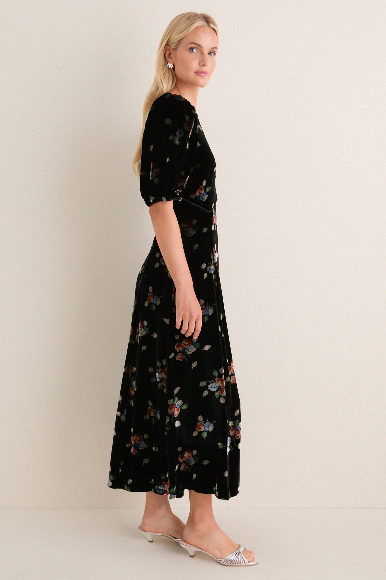 Black Leda Velvet Puff Sleeve Midi Dress