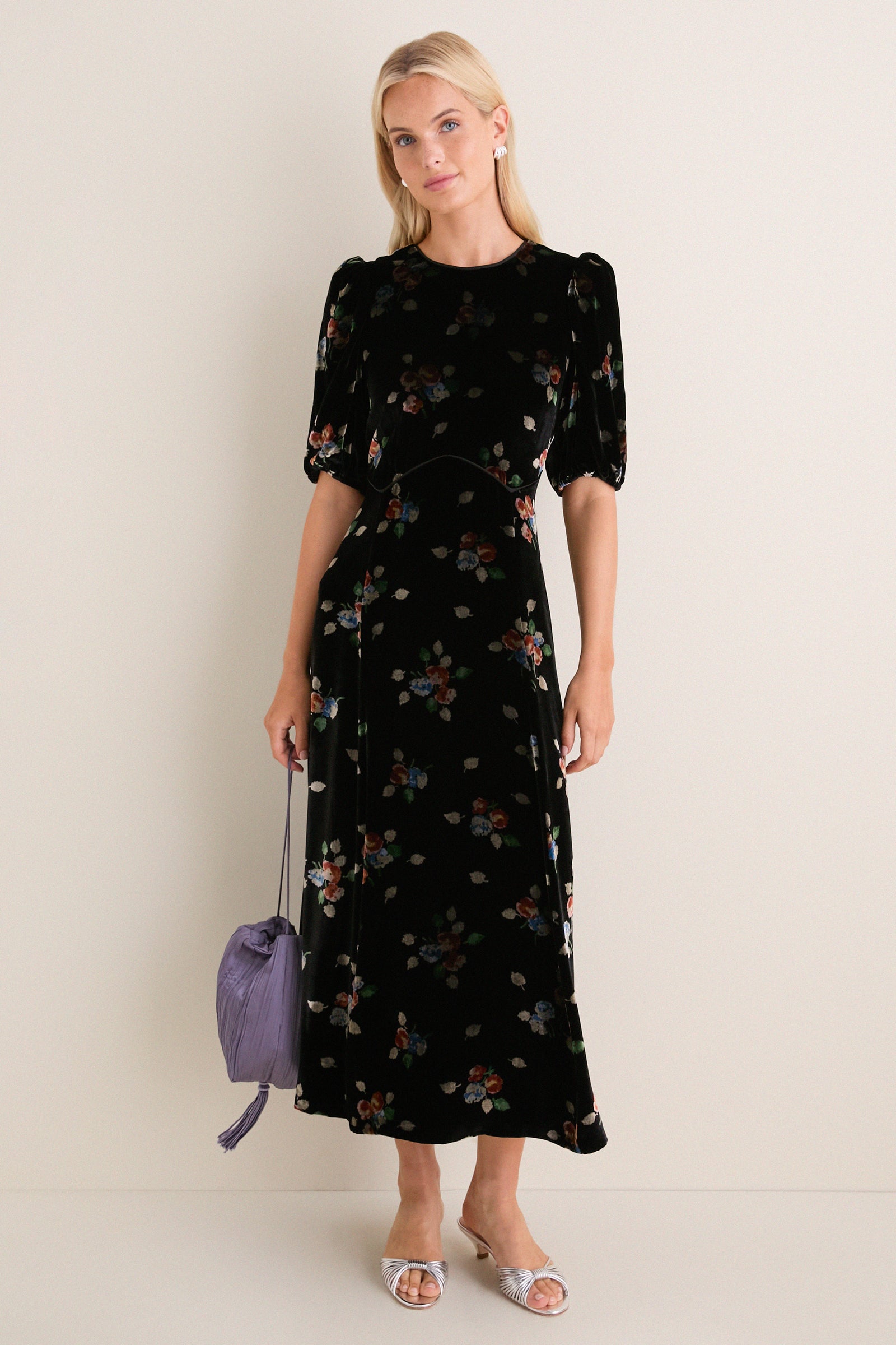 Black Leda Velvet Puff Sleeve Midi Dress