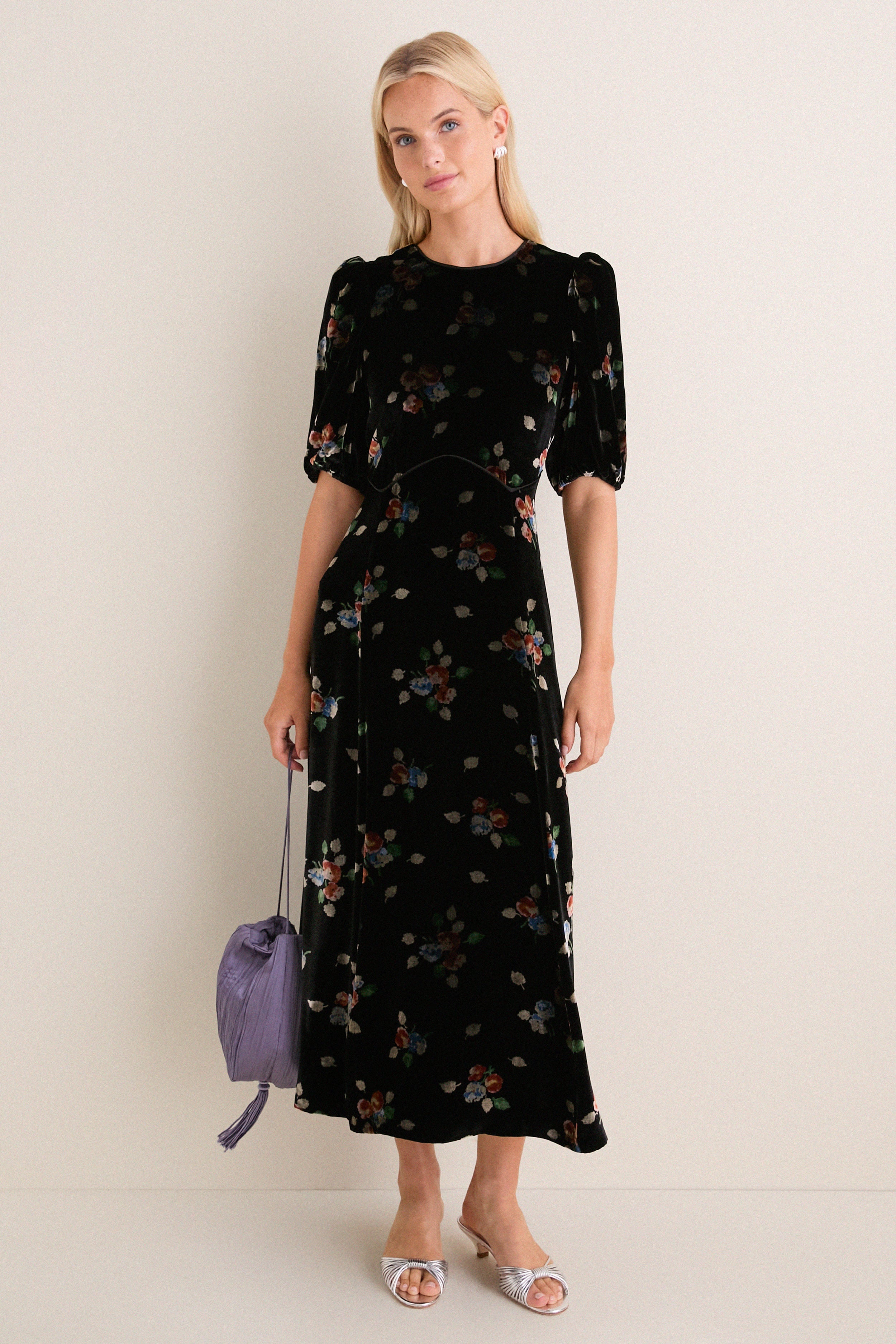 Black Leda Velvet Puff Sleeve Midi Dress