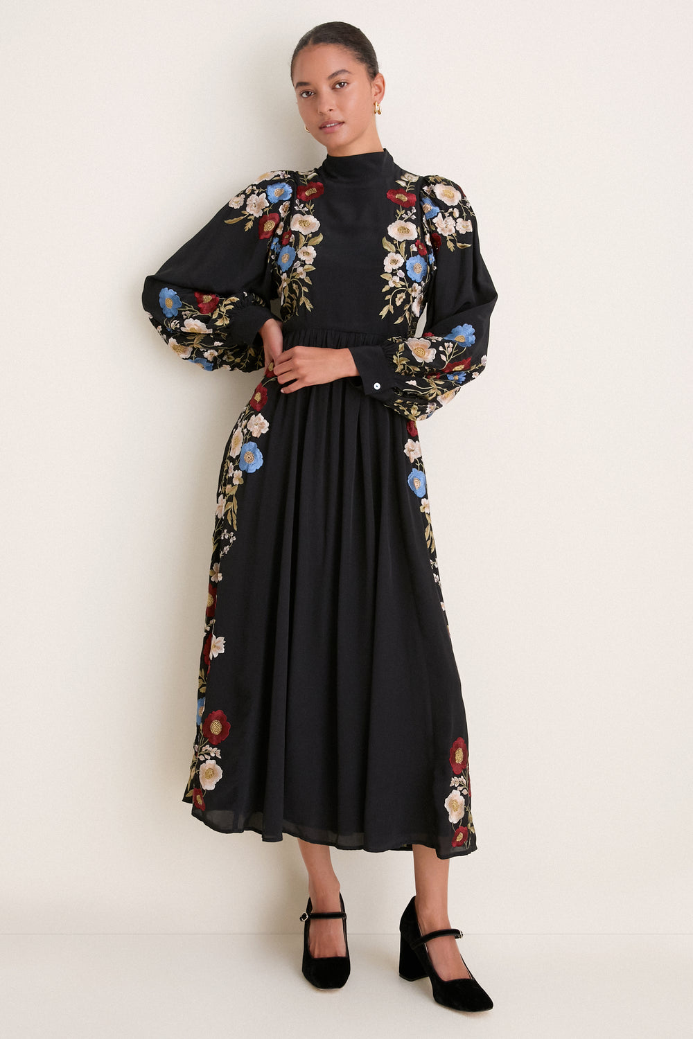 Black Ruwa Embroidery Long Sleeve Dress