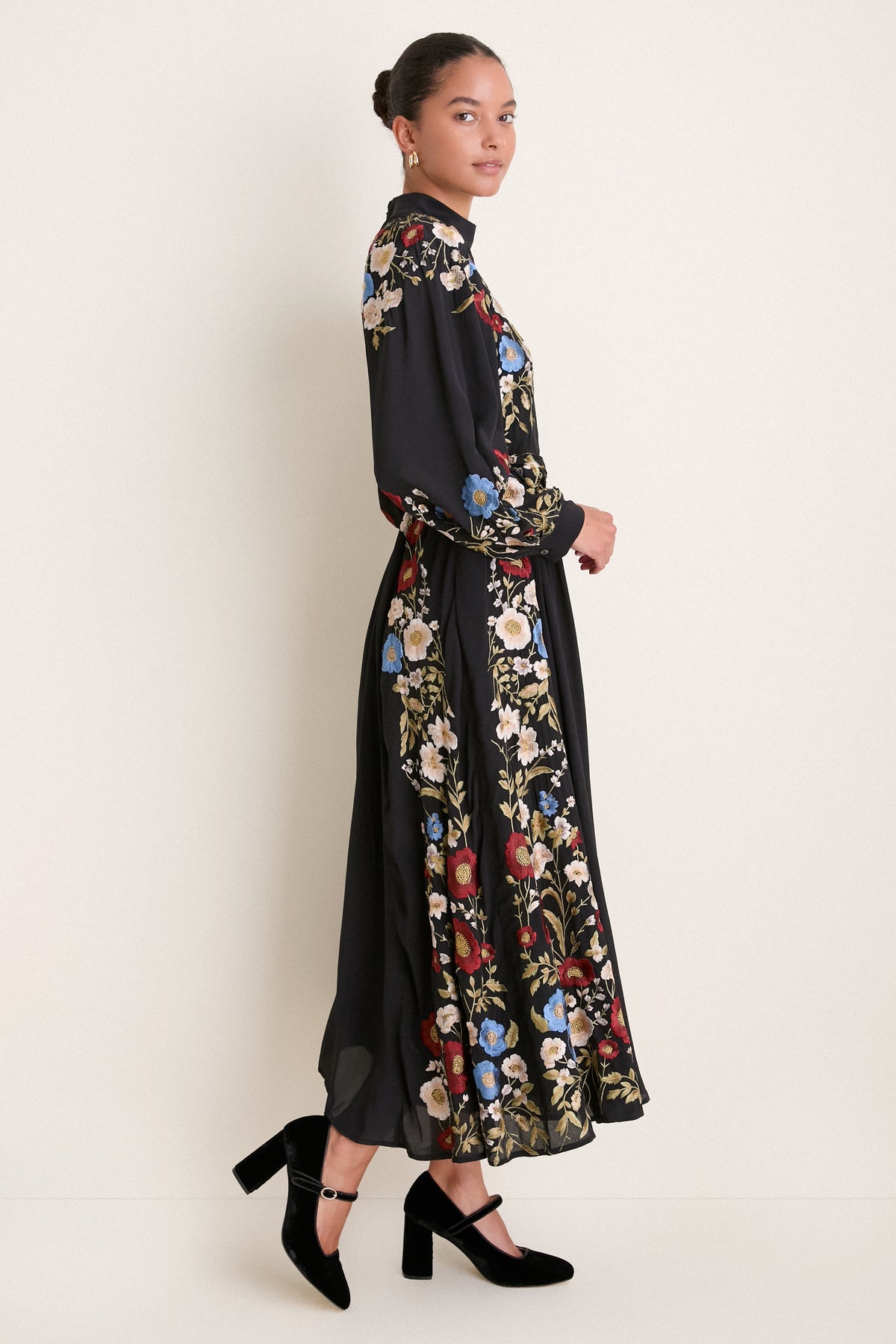 Black Ruwa Embroidery Long Sleeve Dress