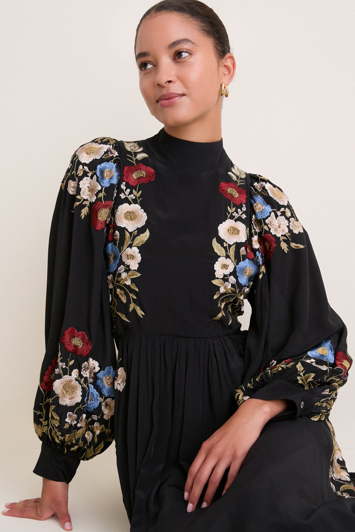 Black Ruwa Embroidery Long Sleeve Dress