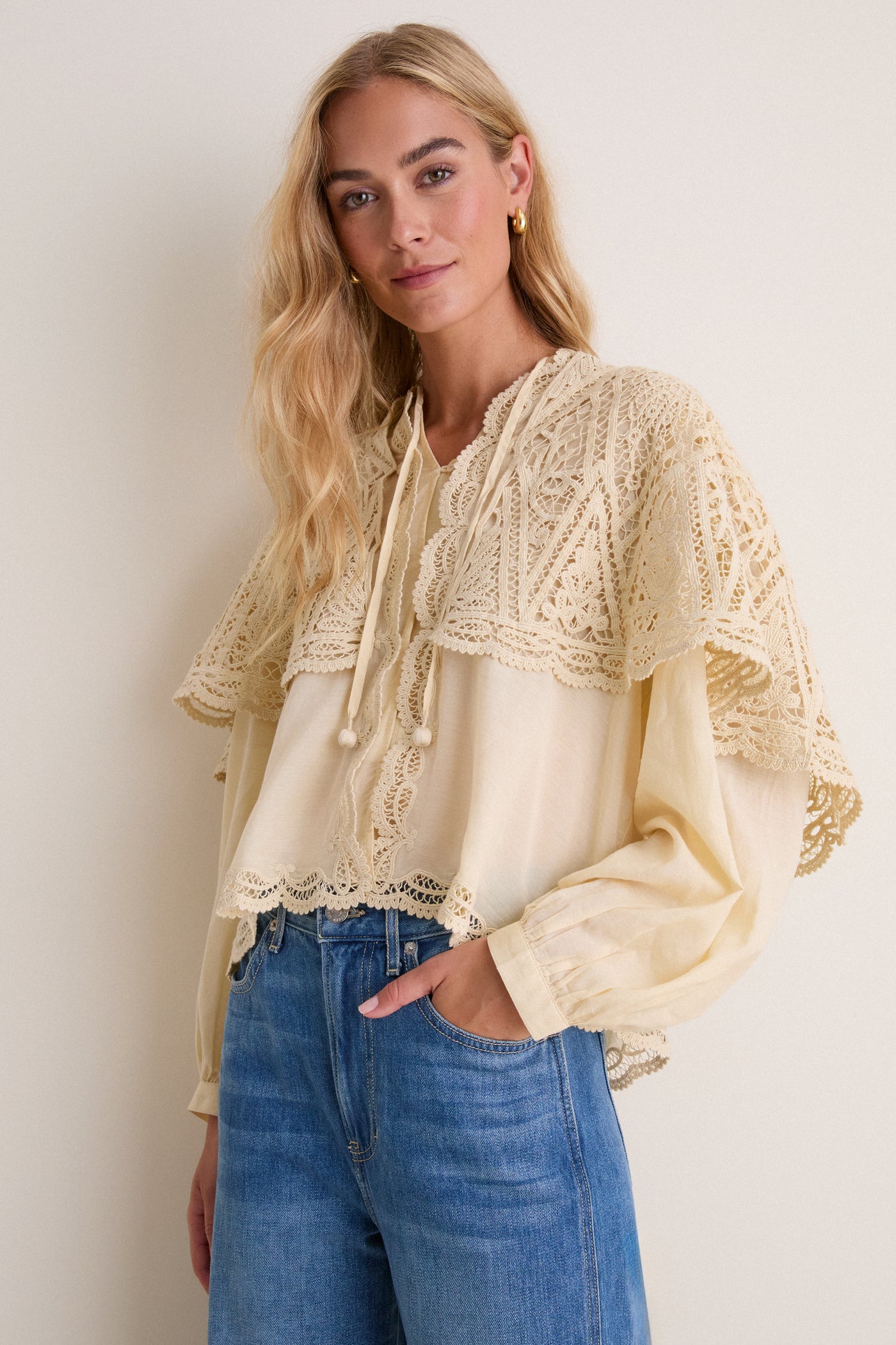Cream Vali Embroidery Long Sleeve Cape Top
