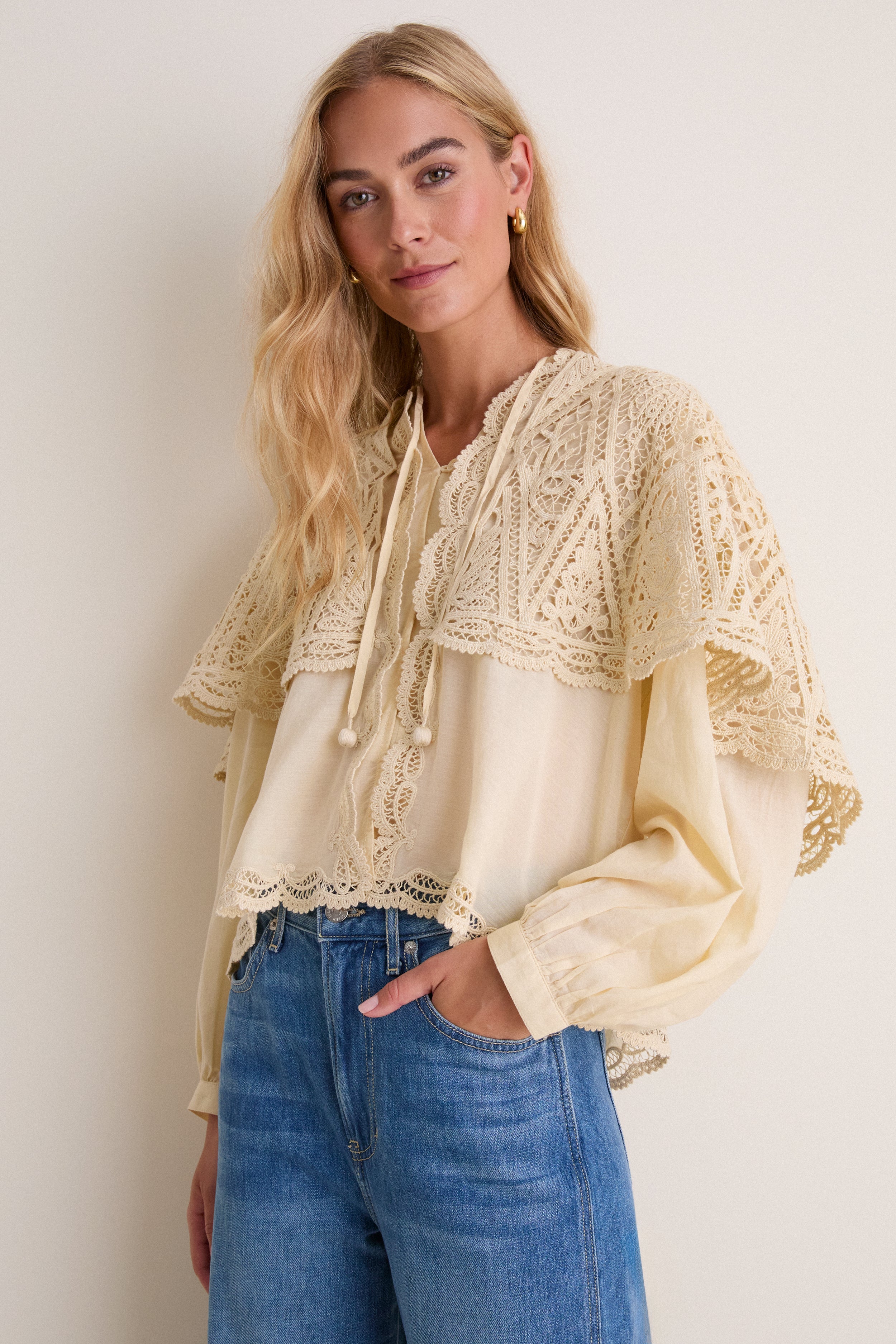 Cream Vali Embroidery Long Sleeve Cape Top