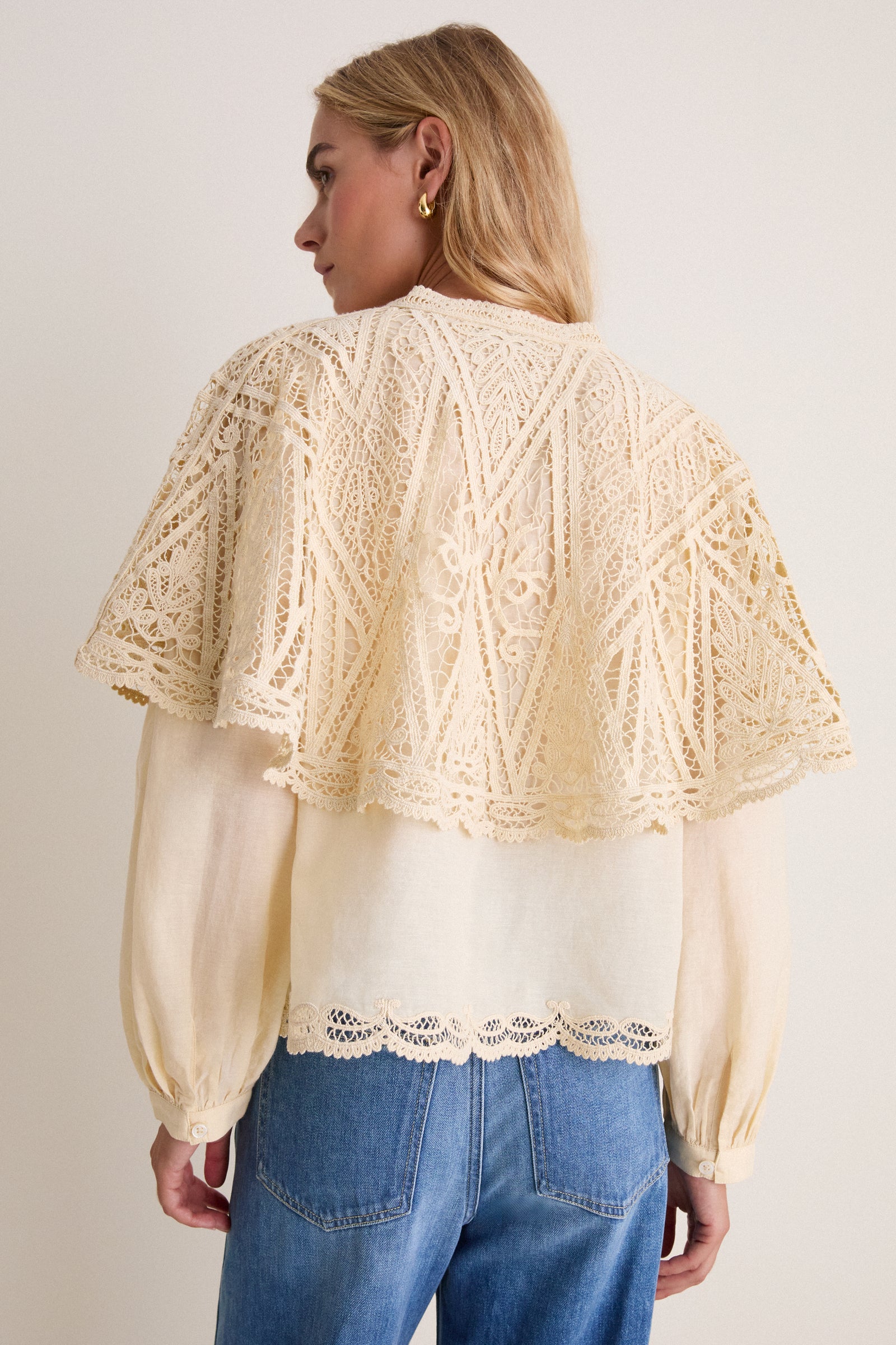 Cream Vali Embroidery Long Sleeve Cape Top