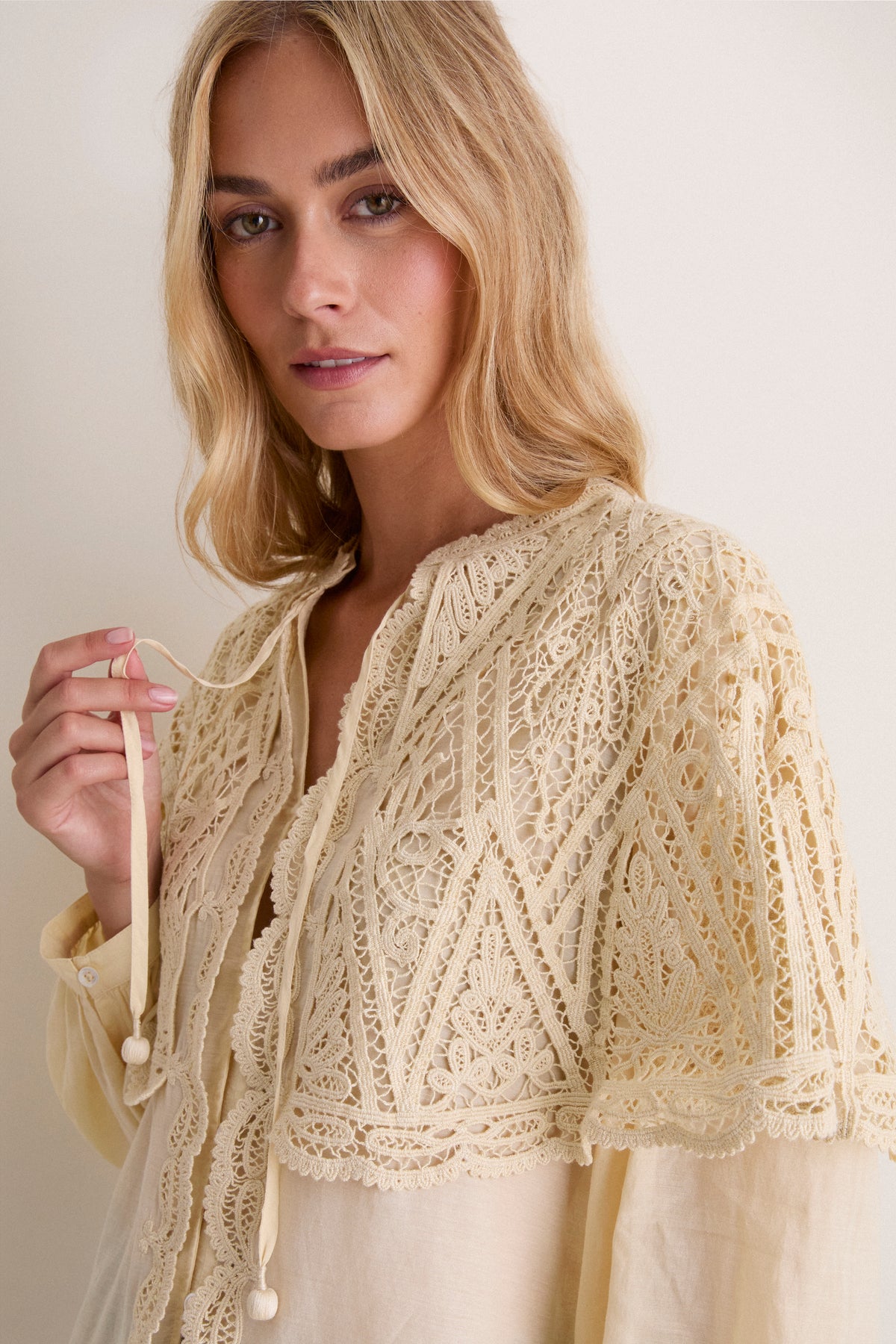 Cream Vali Embroidery Long Sleeve Cape Top