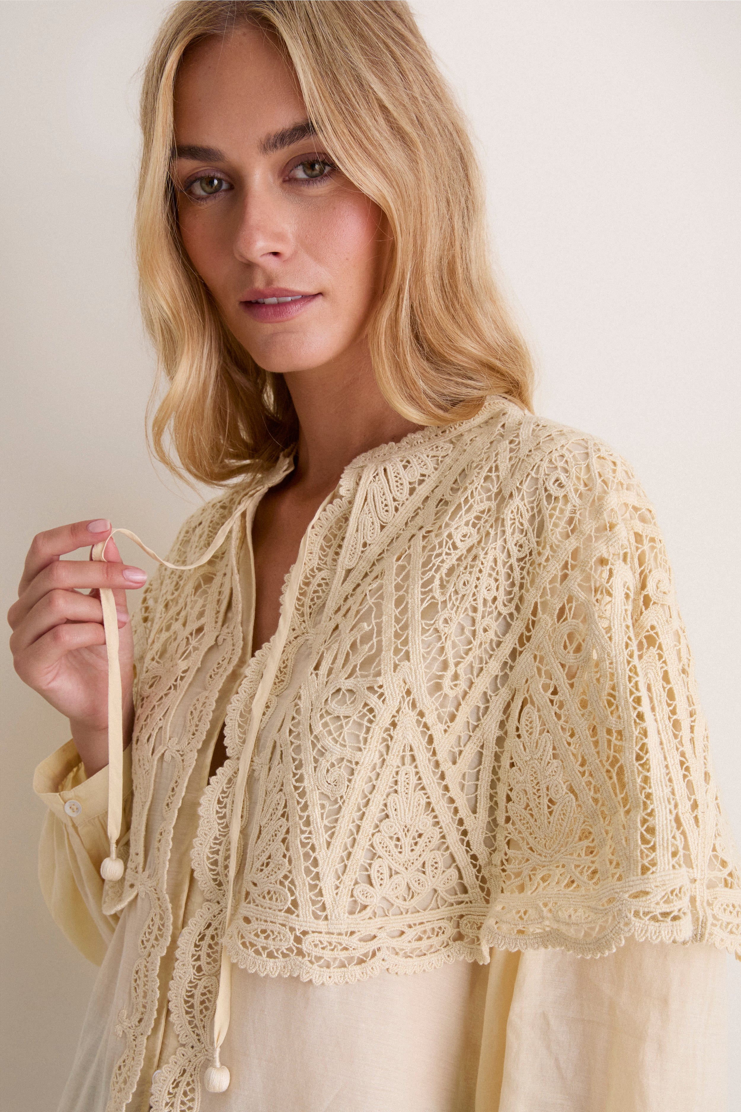 Cream Vali Embroidery Long Sleeve Cape Top
