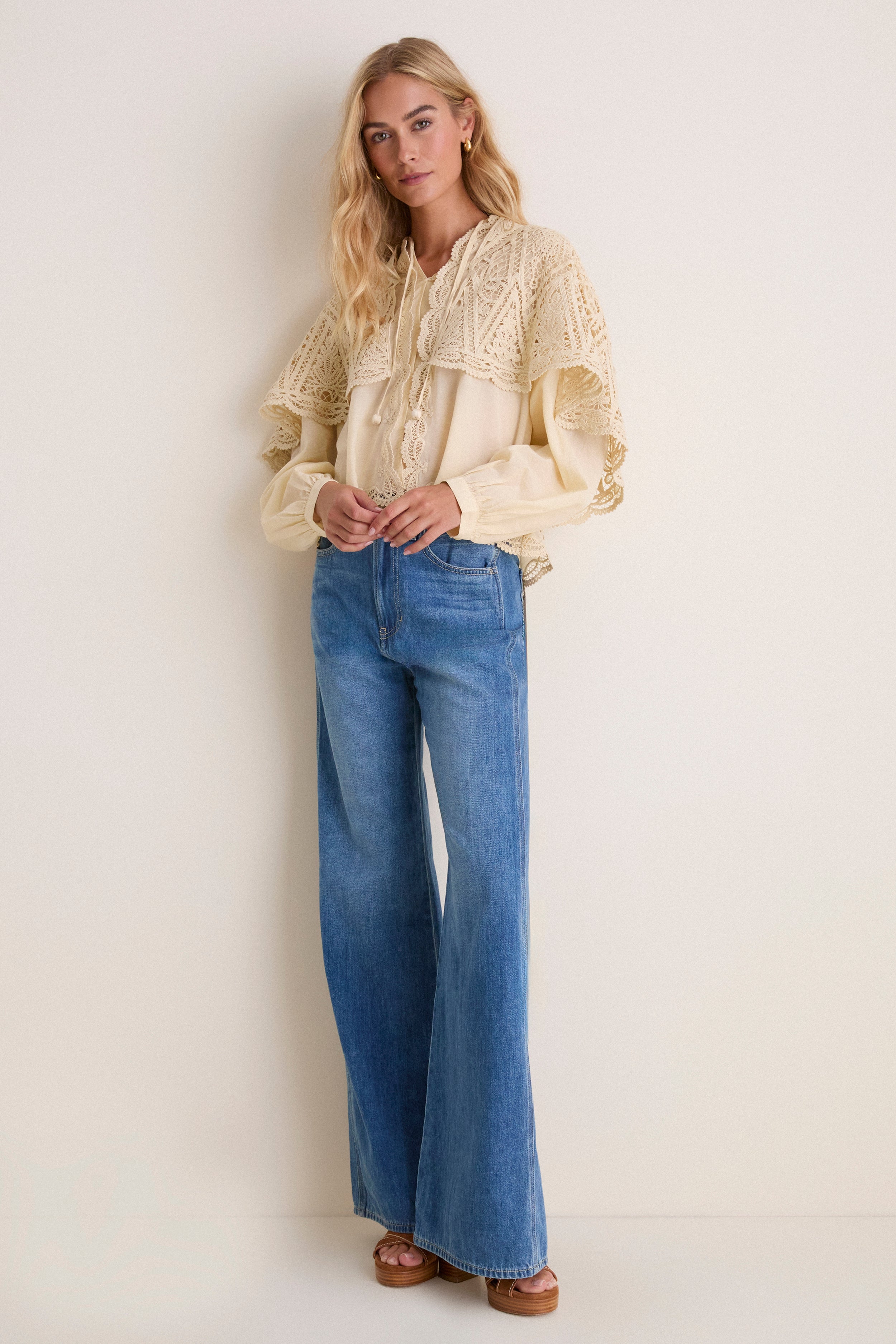 Cream Vali Embroidery Long Sleeve Cape Top