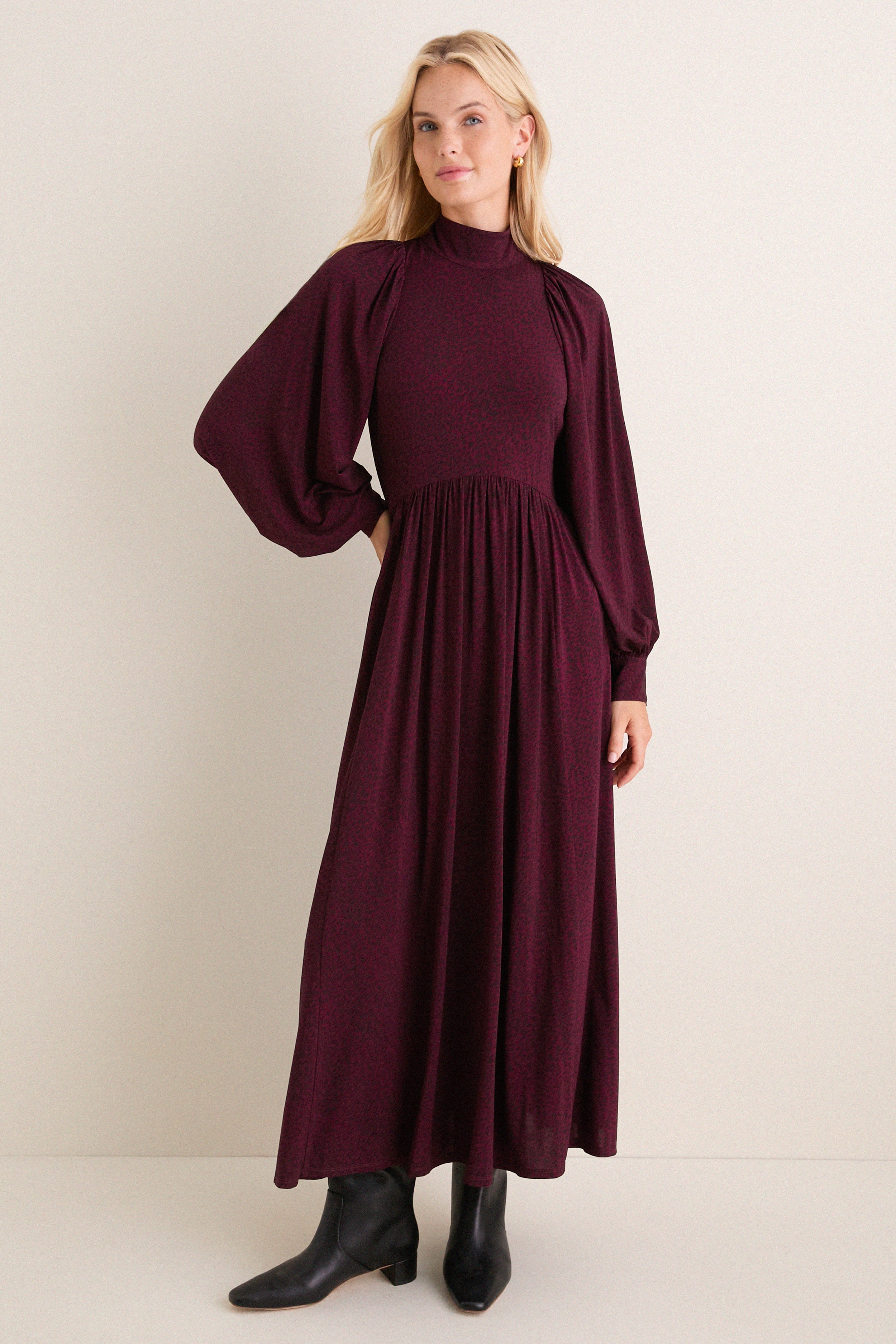 Burgundy Charlize Print Raglan Sleeve Dress