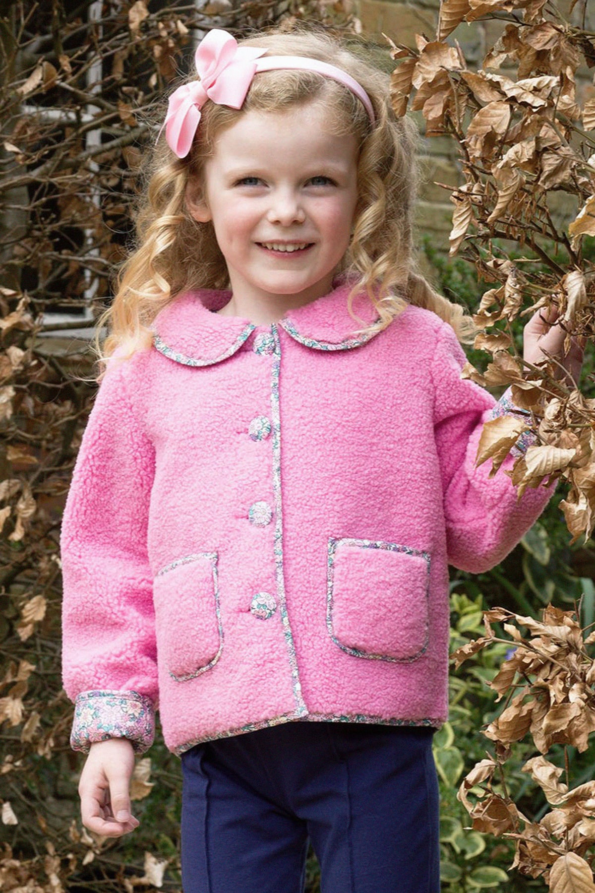 Pink Shearling Floral Trim Jacket