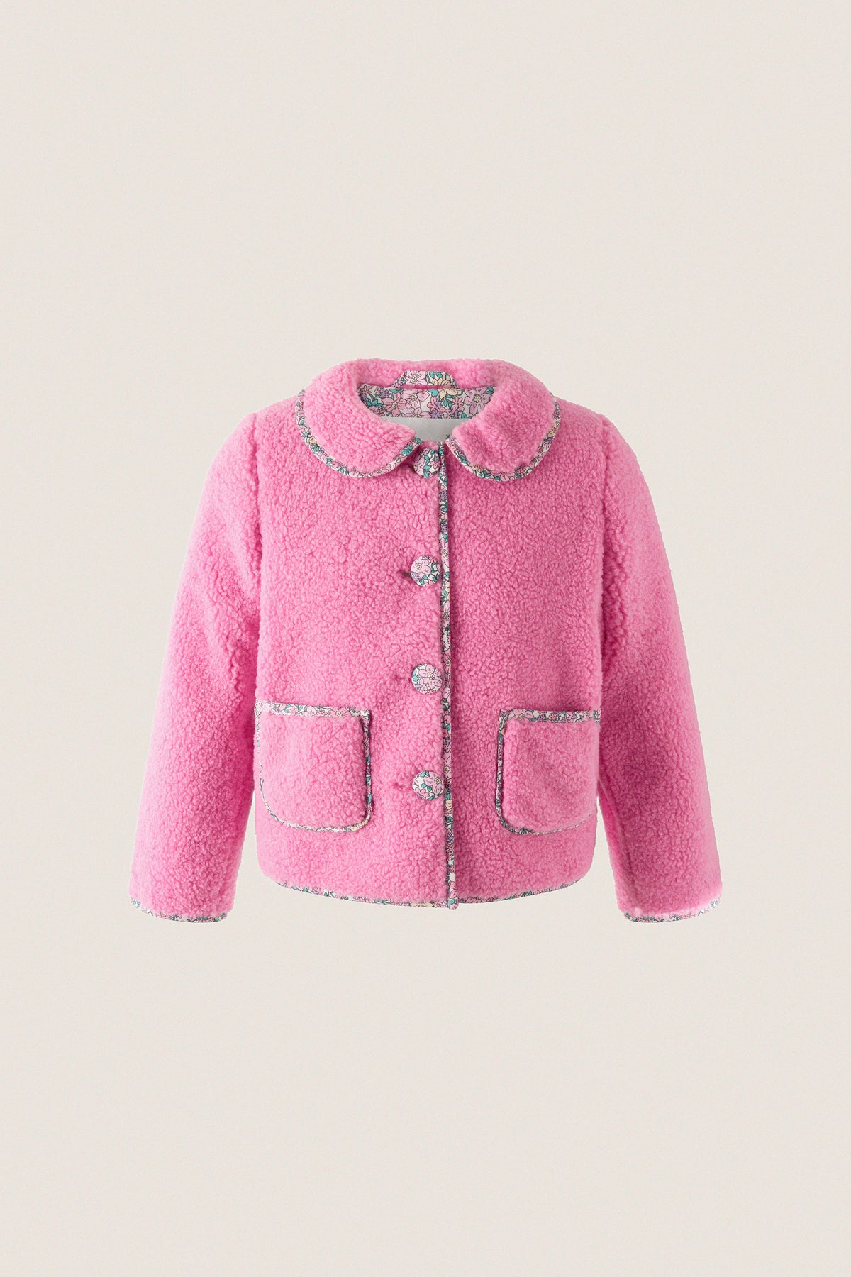 Pink Shearling Floral Trim Jacket