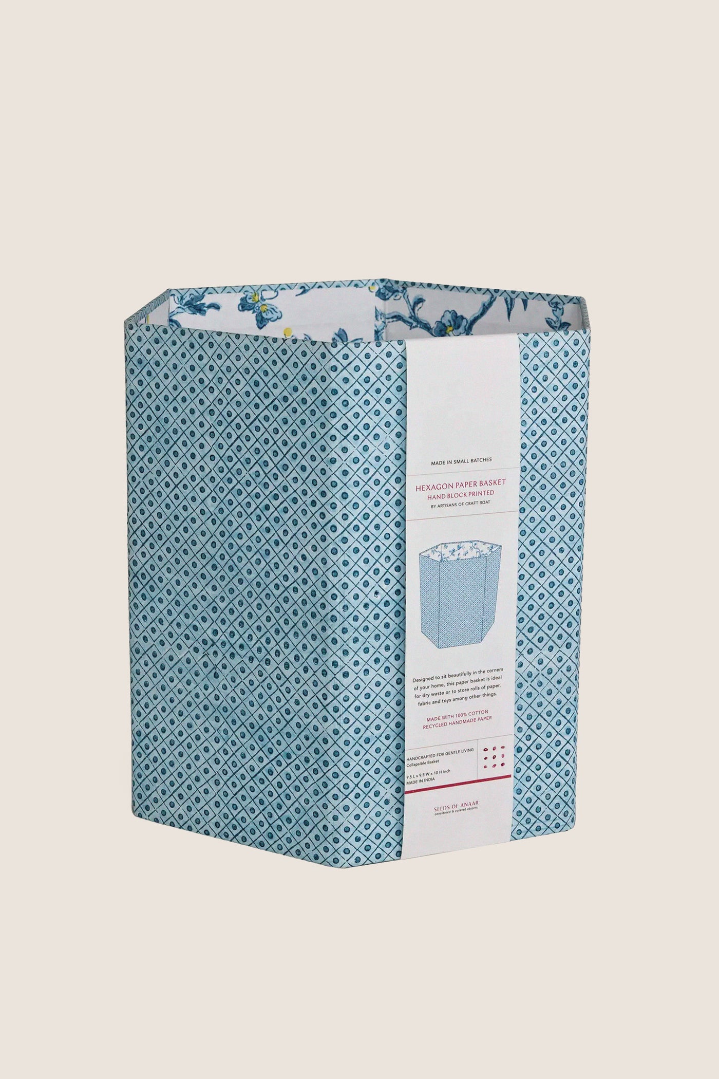 Dot and Grid Blue Block Printed Hexagon Collapsible Basket | Craft Boat