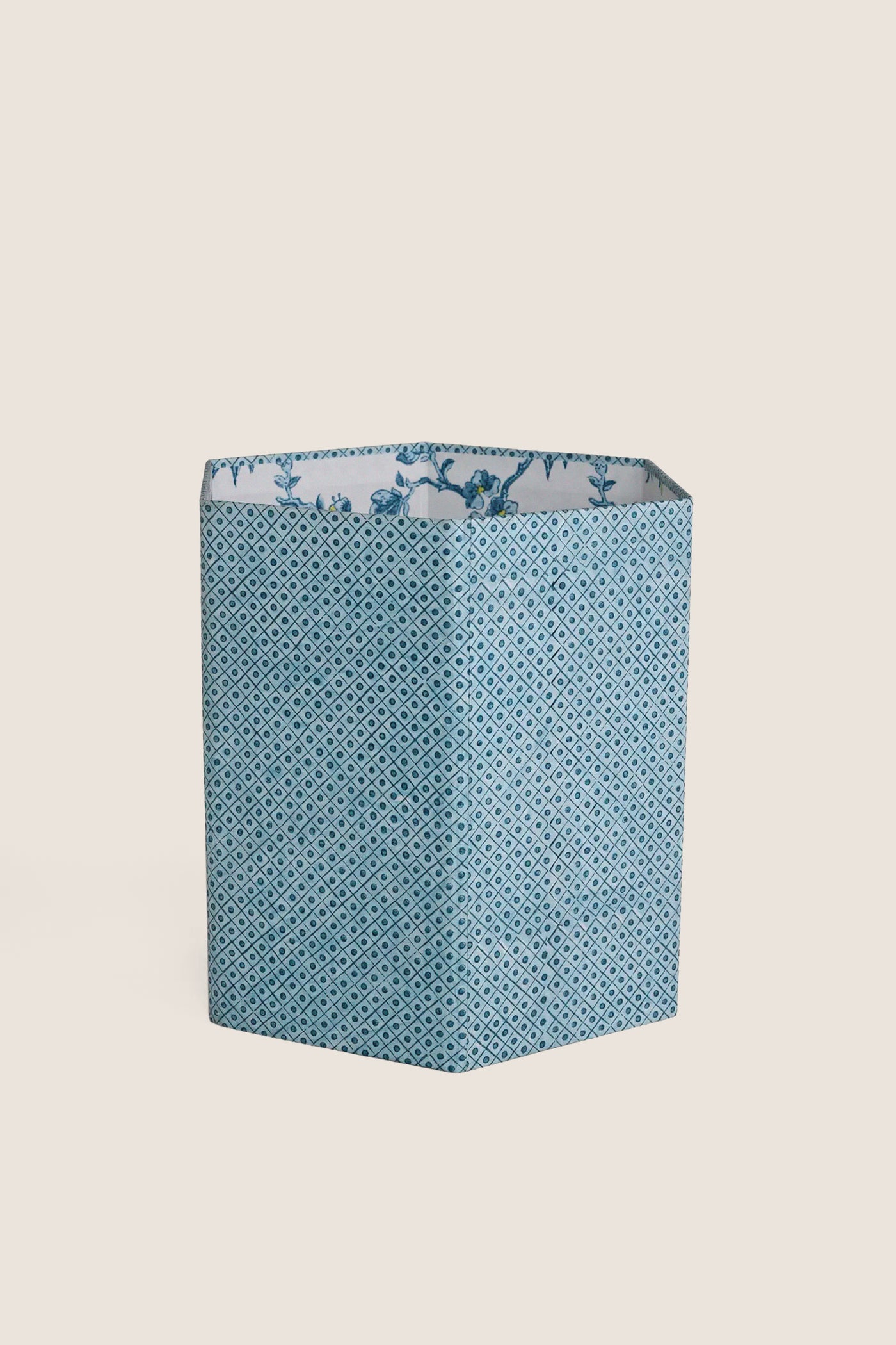 Dot and Grid Blue Block Printed Hexagon Collapsible Basket | Craft Boat