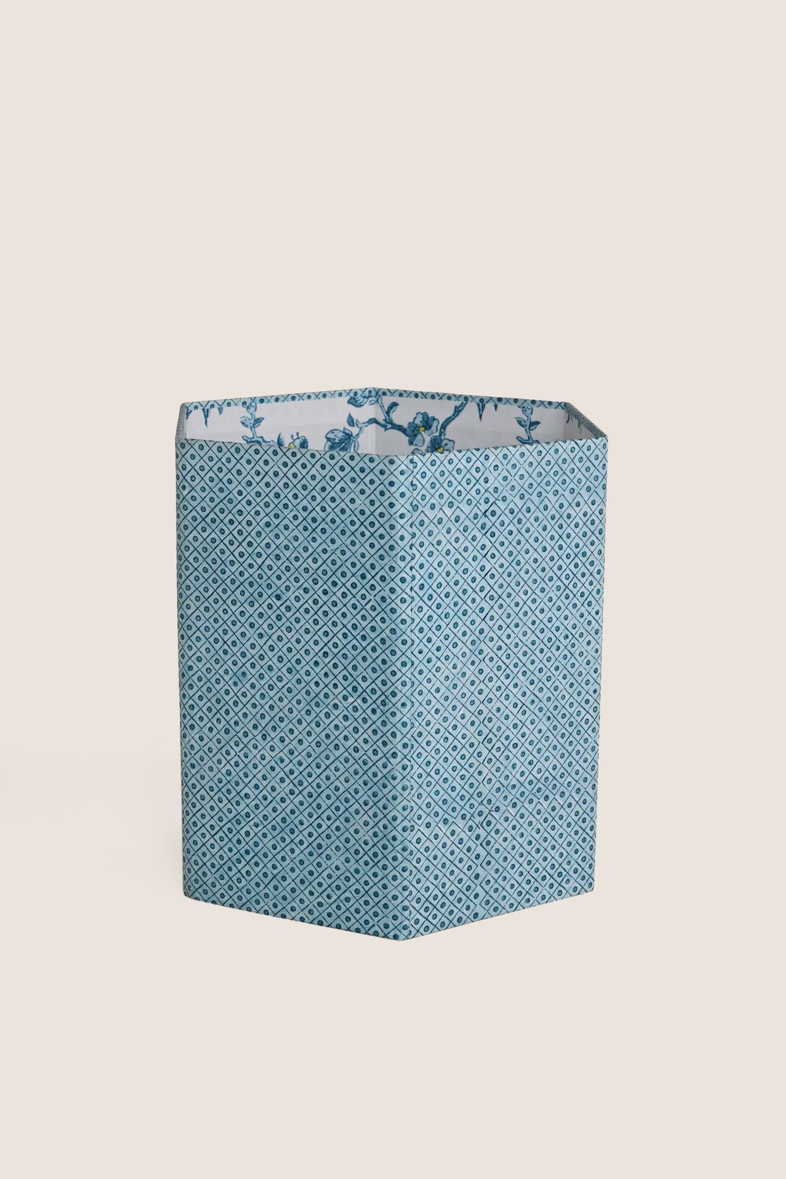 Dot and Grid Blue Block Printed Hexagon Collapsible Basket