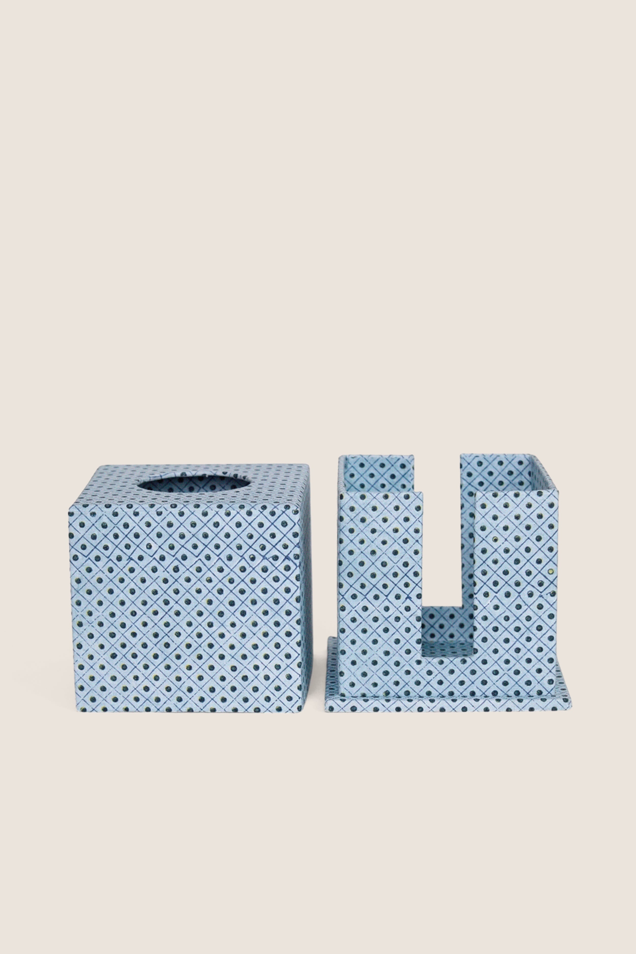 Dot and Grid Blue Screen Printed Square Tissue Box