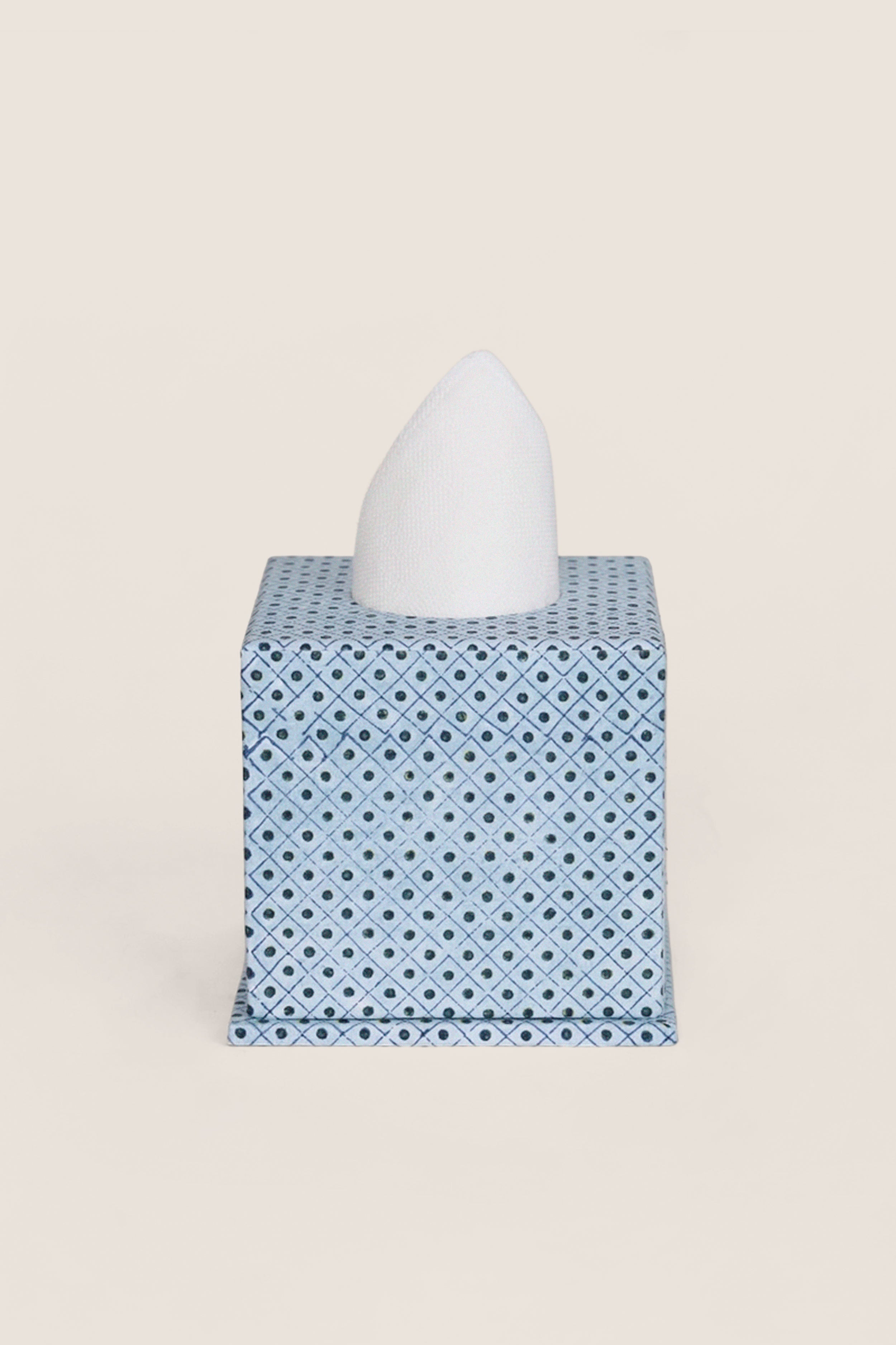 Dot and Grid Blue Screen Printed Square Tissue Box
